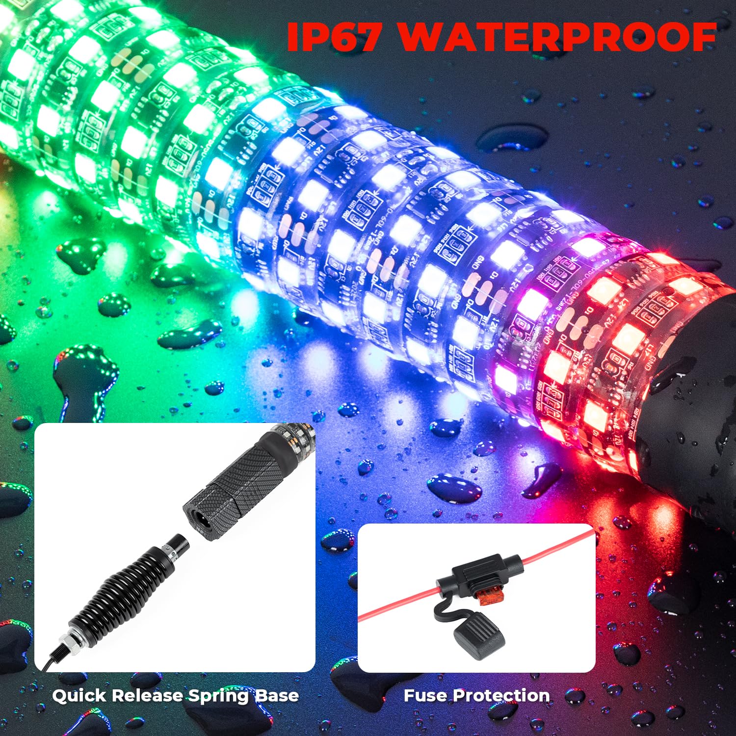 2Pcs 2FT LED Fat Whip Lights with Spring Base - 360° Spiral RGB Chasing Lighted Antenna for Cars, Trucks, ATVs & UTVs | App & Remote Control | Perfect for Off-Roading, Night Rides & Vehicle Customization