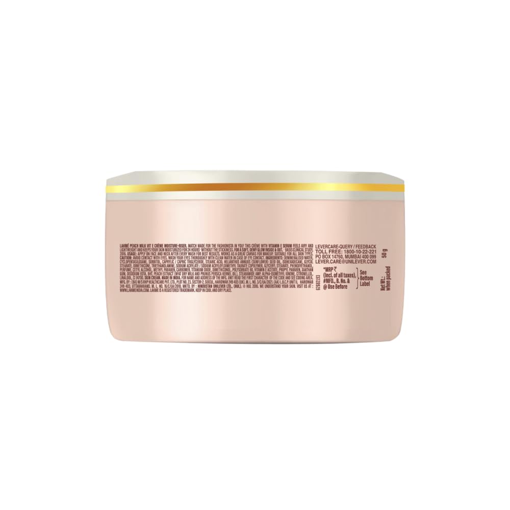 LAKMÉ Peach Milk Soft Crème Moisturizer - Lightweight 24-Hour Hydrating Face Cream for Dry Skin, 50g | Day & Night Moisturizer for Glowing Skin