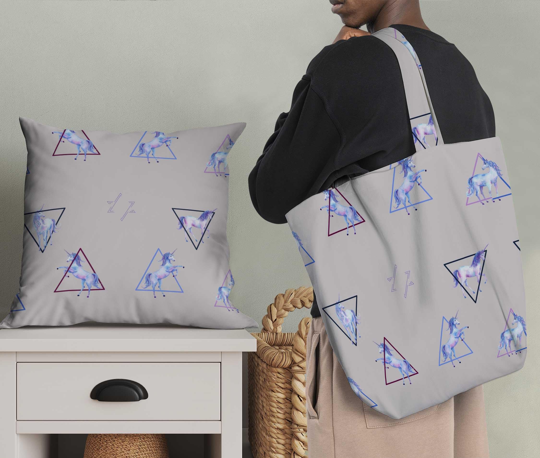 Soimoi Moss Georgette Gray Fabric by The Yard - 42 Inch Wide Geometric Printed Fabric with Unicorn & Triangle Patterns for DIY Crafts, Dressmaking, Home Decor & Costume Design - Whimsical Playful Material for Creative Sewing Projects