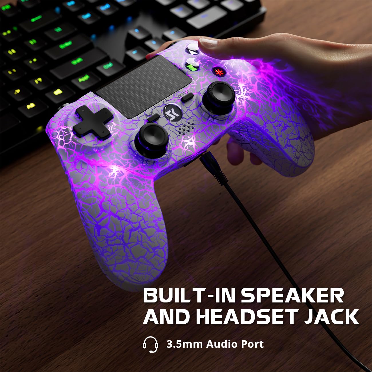 Wireless PS4 Controller with LED Backlit, 1000mAh Rechargeable Battery, Dual Shock & 6-Axis Motion Sensor, Built-in Speaker & 3.5mm Jack - Adjustable RGB Lighting (White) - Perfect for Gaming, Streaming & Late-Night Play Sessions