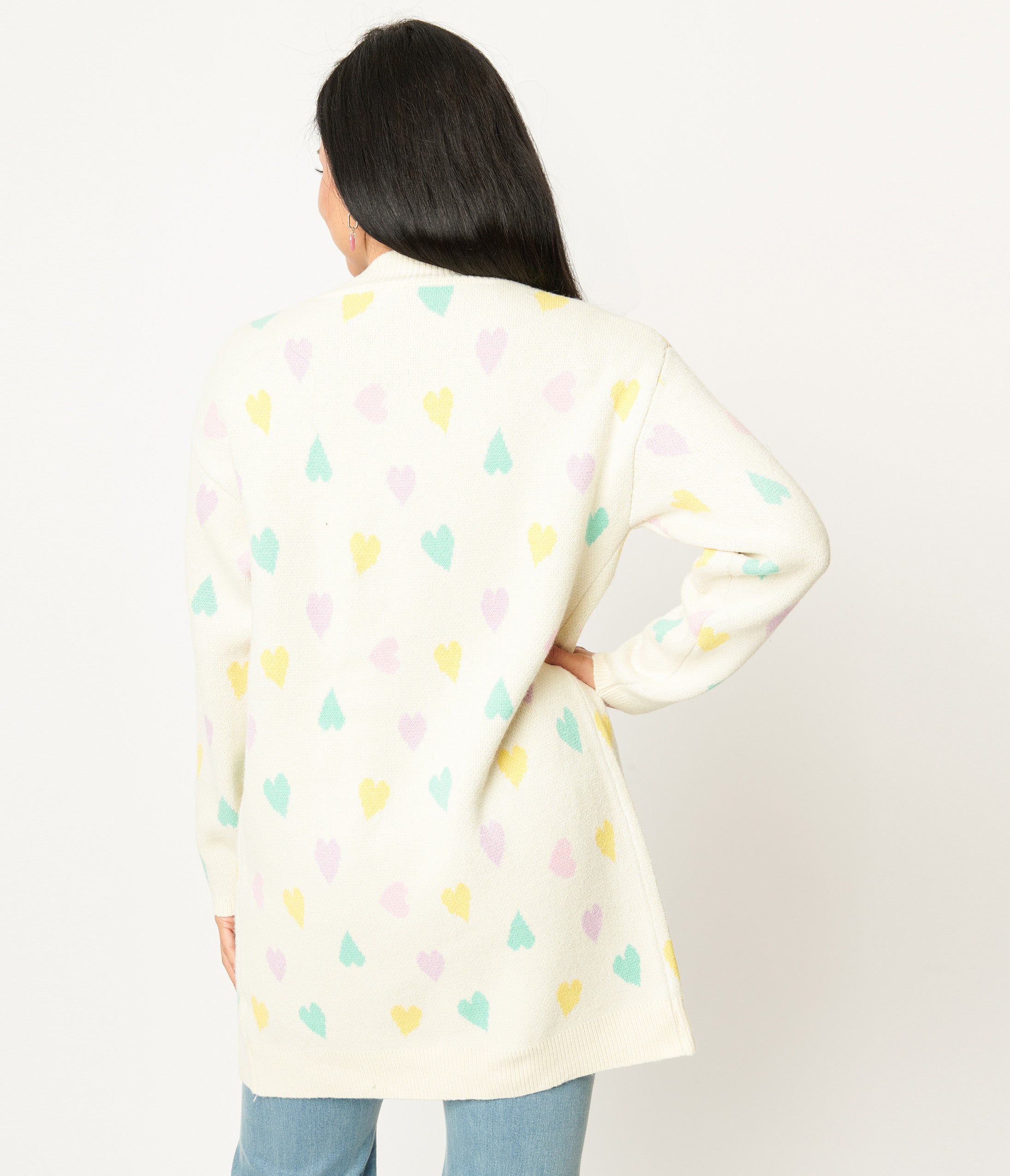 Magnolia Place Cream & Pastel Hearts Cardigan - Soft Knit Sweater for Women | Cozy Fall & Winter Fashion | Perfect for Dates, Office & Casual Outings