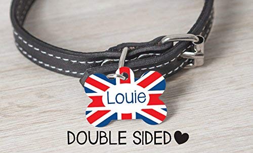 Personalized Boy Dog Tag - Custom Engraved Pet ID Tag with British Flag - Double Sided Dog Collar Accessory for Small & Large Breeds - Perfect for Travel, Walks & Pet Safety