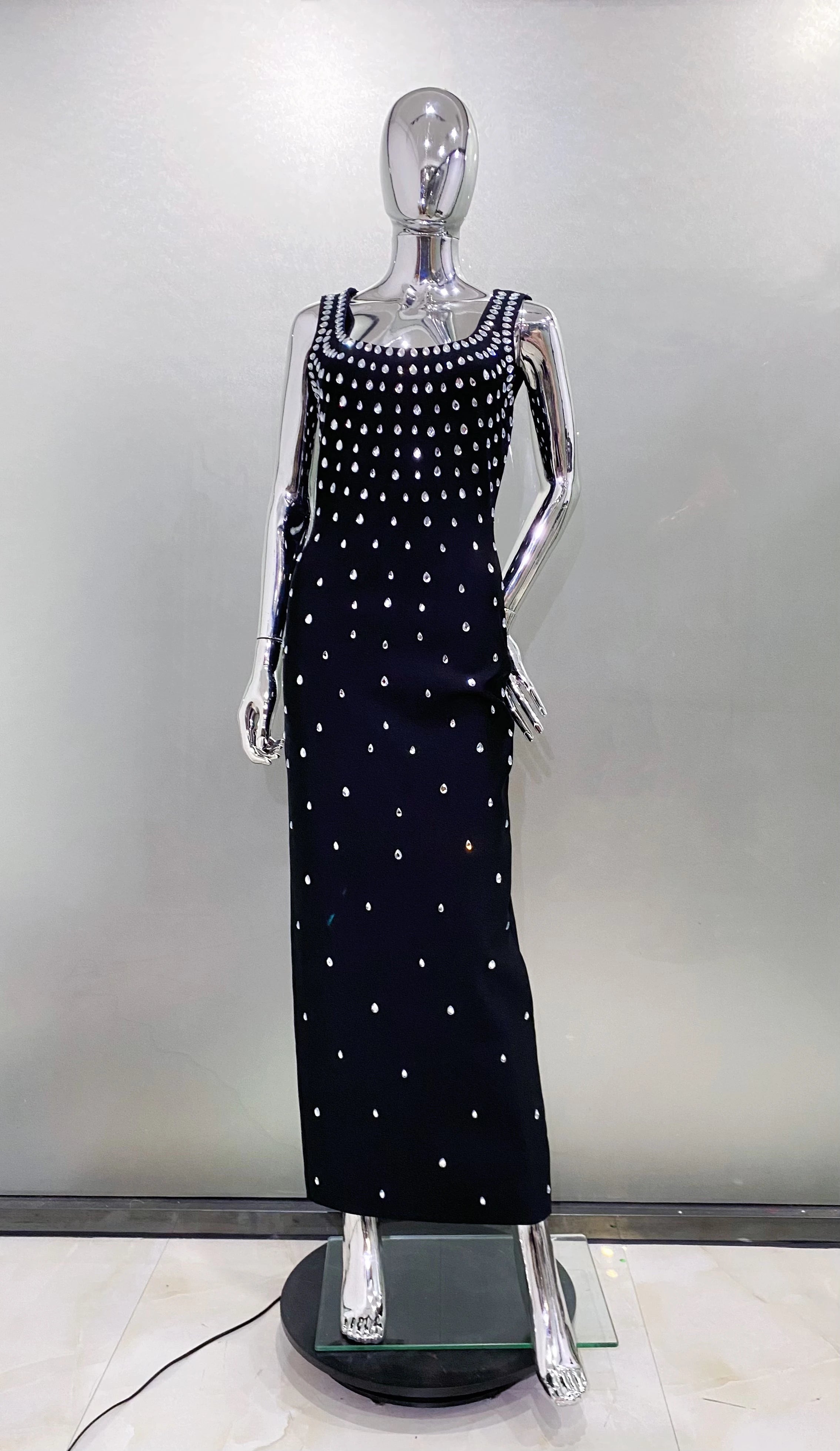 Black & Sky Blue Women's Sleeveless Sexy O-Neck Crystal Bodycon Bandage Long Dress - Perfect for Nightclub Parties, Evening Events & Special Occasions