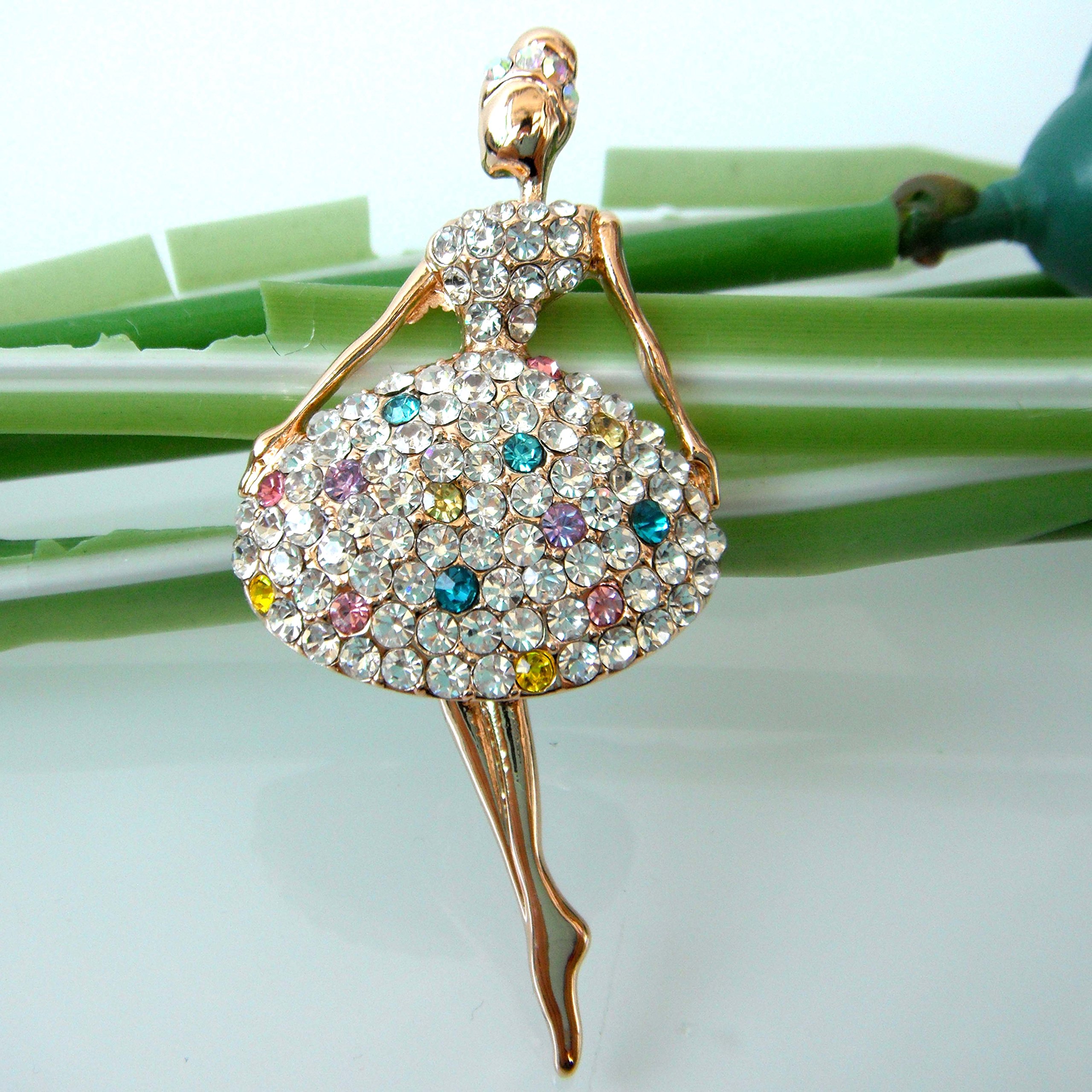 Navachi 19k Gold Plated Multicolor Crystal Dance Girl Brooch Pin - Elegant Jewelry Gift for Women, Perfect for Dresses, Blazers, Weddings & Special Occasions