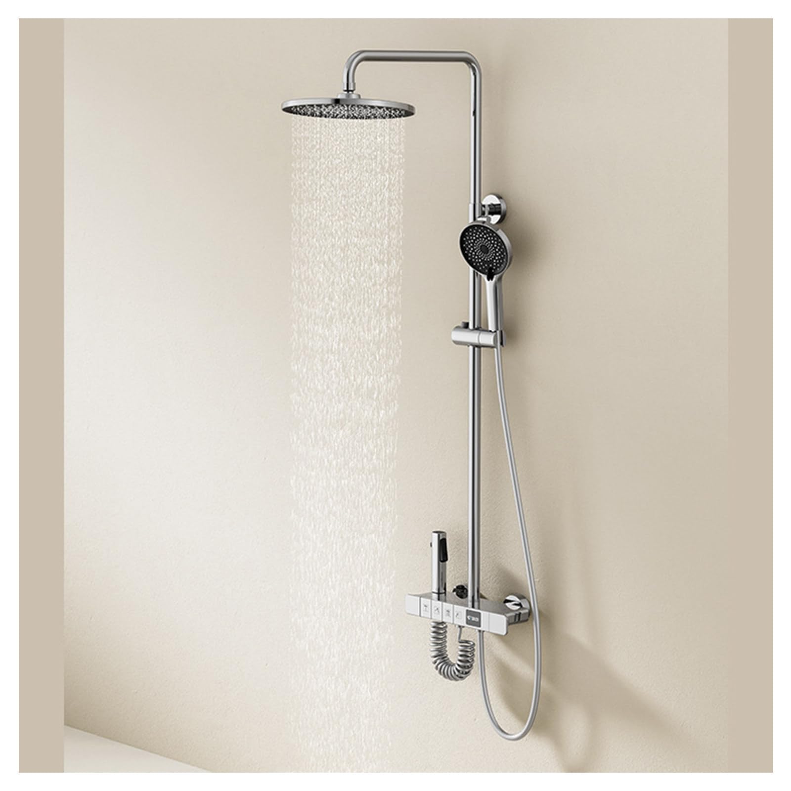 Boyuan Digital Display Brass Mixer Tap - 4 Function Shower System with Round Rainfall Shower Head, 3 Mode Hand Shower & Bidet Sprayer, Adjustable Hot/Cold Water - Perfect for Modern Bathroom Renovation and Spa-Like Shower Experience