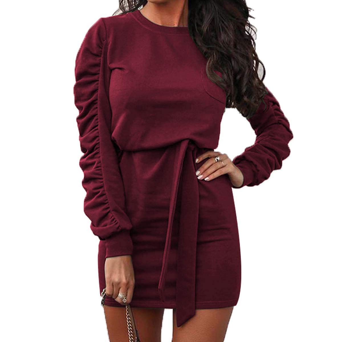 YIMISHION Women's Long Sleeve Mini Dress with Belt - Elegant Bodycon Party Dress for Cocktail, Wedding Guest & Date Night Outfits