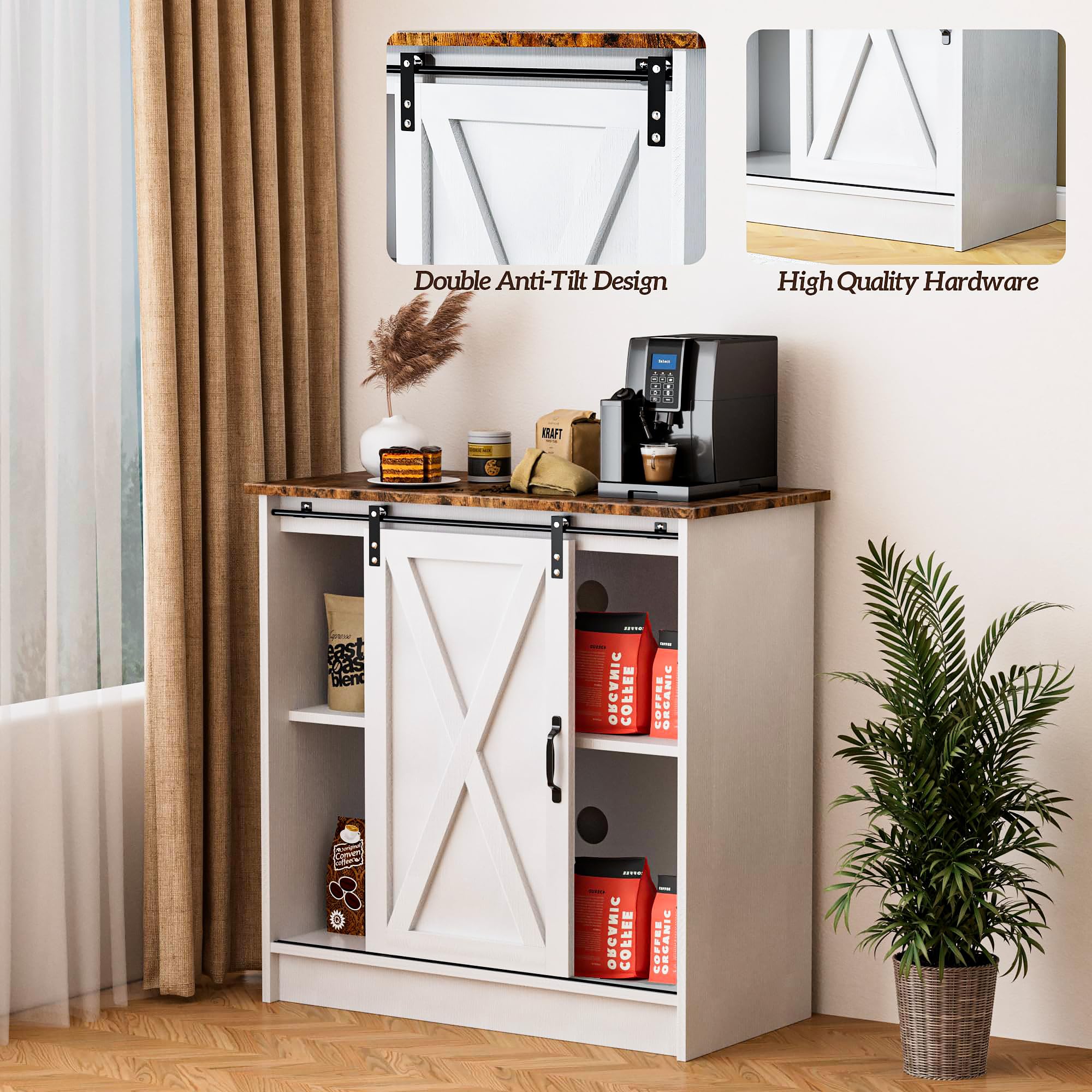 White Coffee Bar Cabinet with Storage - Farmhouse Style Coffee Bar Table with Sliding Barn Door - Perfect for Kitchen, Dining Room & Living Room - Organize Coffee Mugs, Wine Bottles & Kitchen Essentials