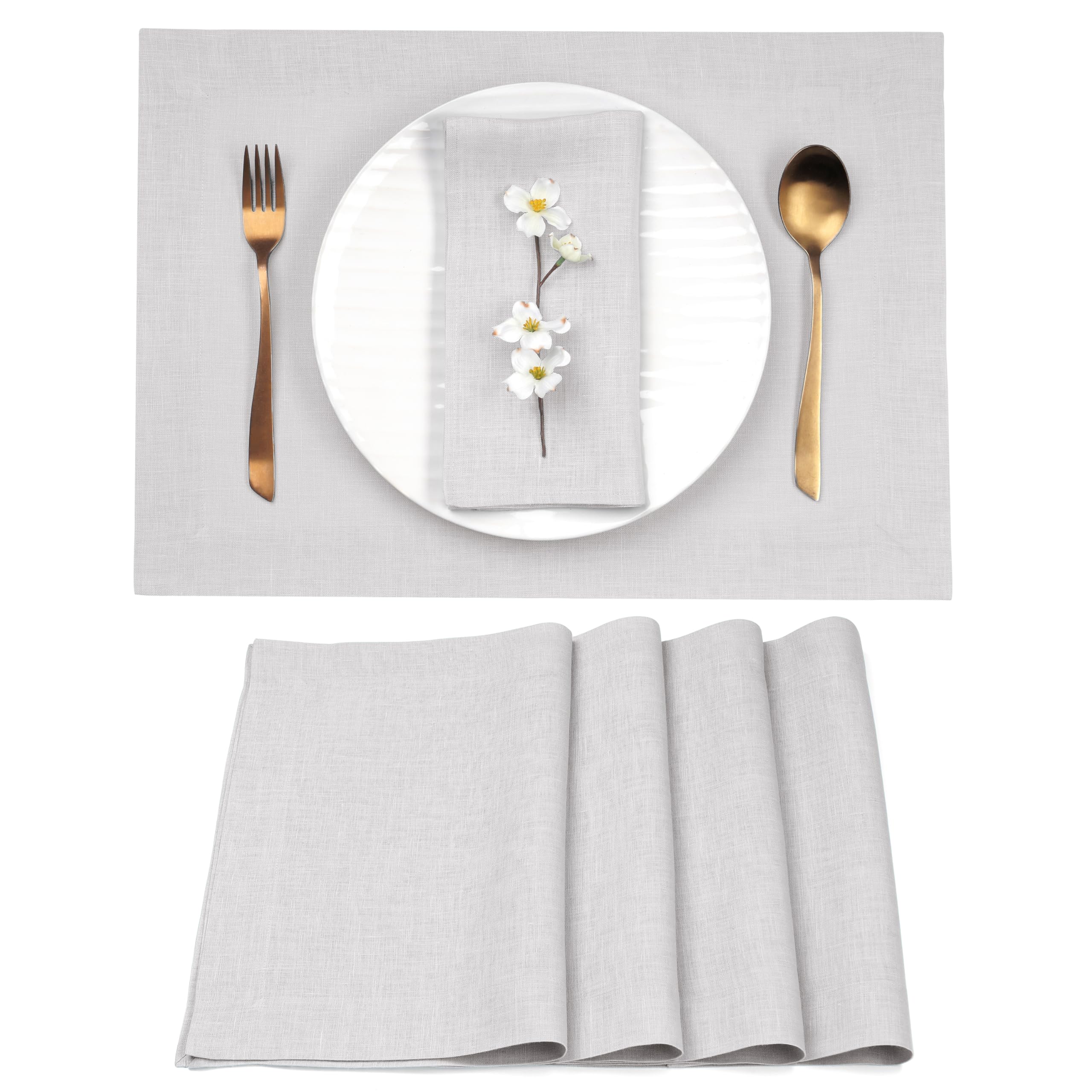 D'Moksha Homes 100% Pure Linen Placemats Set of 4 - Silver Grey Washable Table Mats 14x19 Inch - Elegant Dining Decor for Easter, Thanksgiving & Everyday Use