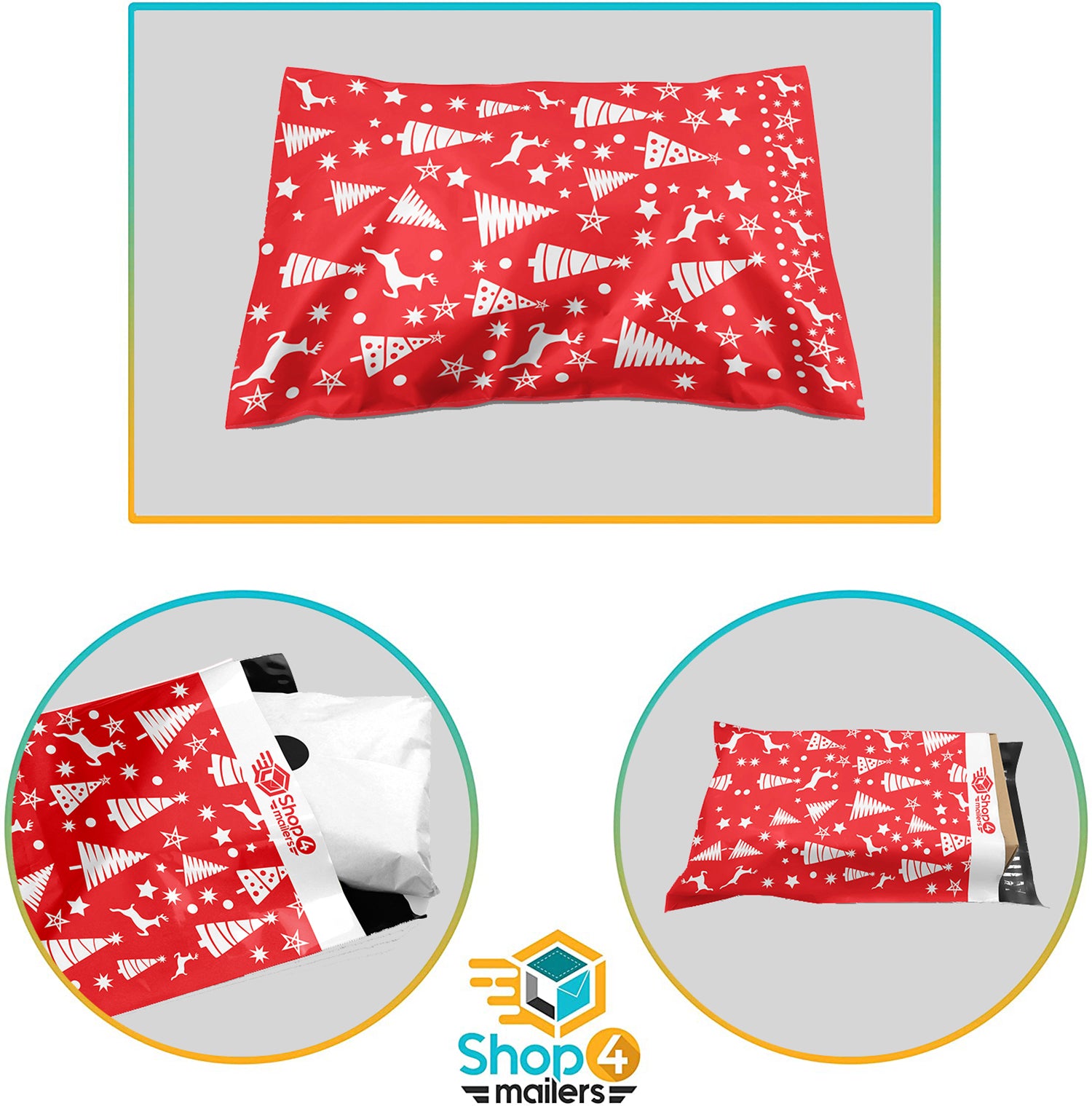 Shop4Mailers 10x13 Inch Christmas Tree Themed Red & White Holiday Poly Mailer Envelopes - 2 Mil Thick Shipping Bags for Seasonal Gifts, Greeting Cards & Ecommerce Packaging