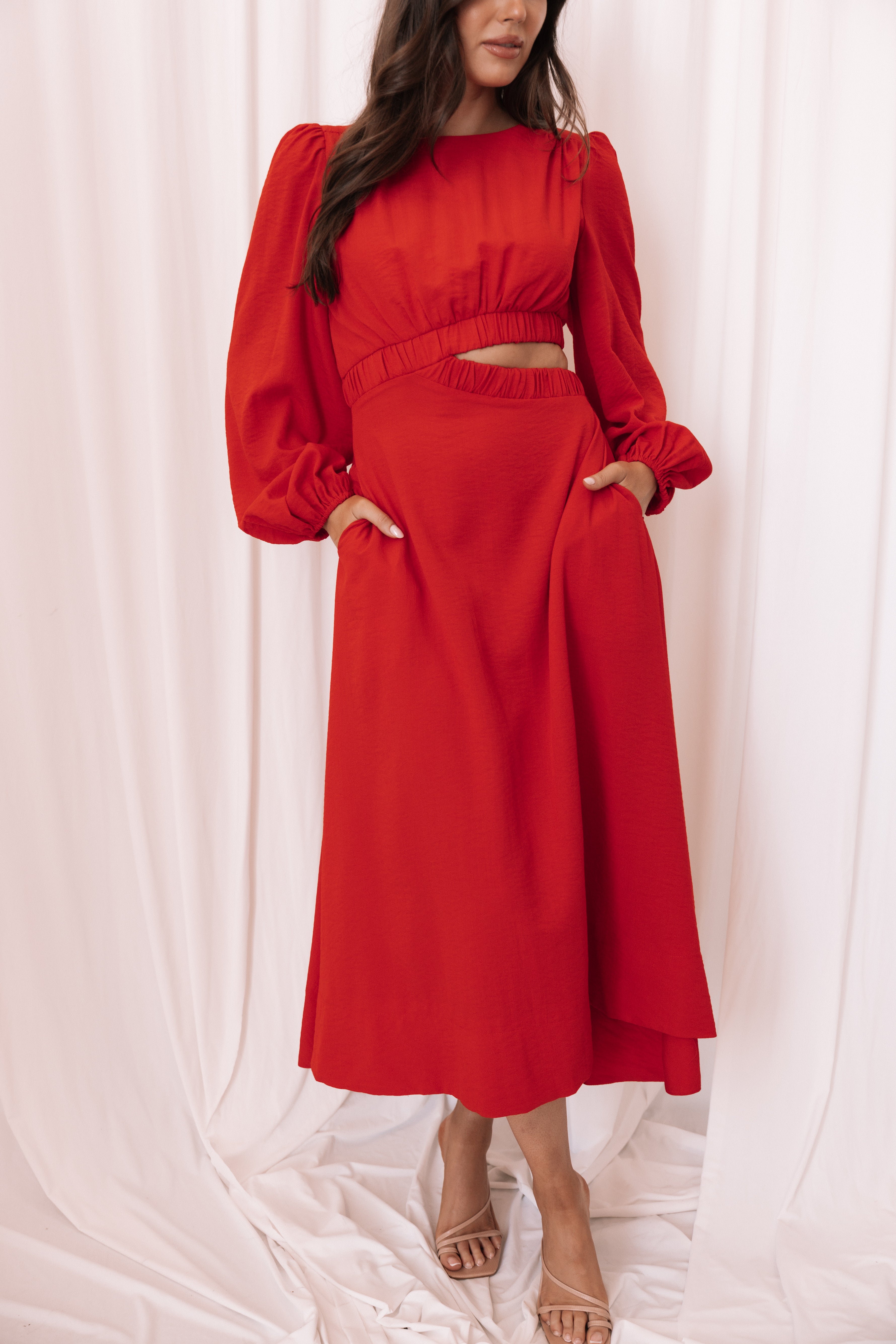 Ginnee Women's Red Puff Sleeve Cutout Midi Dress - Elegant Party & Cocktail Attire for Weddings, Date Nights & Special Occasions