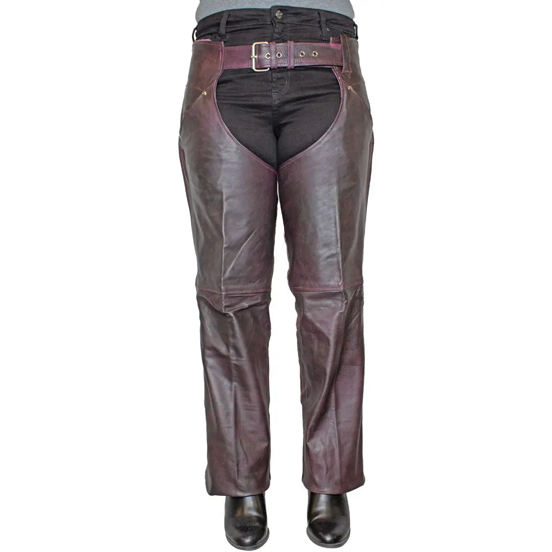 Open Road Women's Dark Purple Wash Leather Chaps - Premium Biker Pants for Motorcycle Riding & Fashion