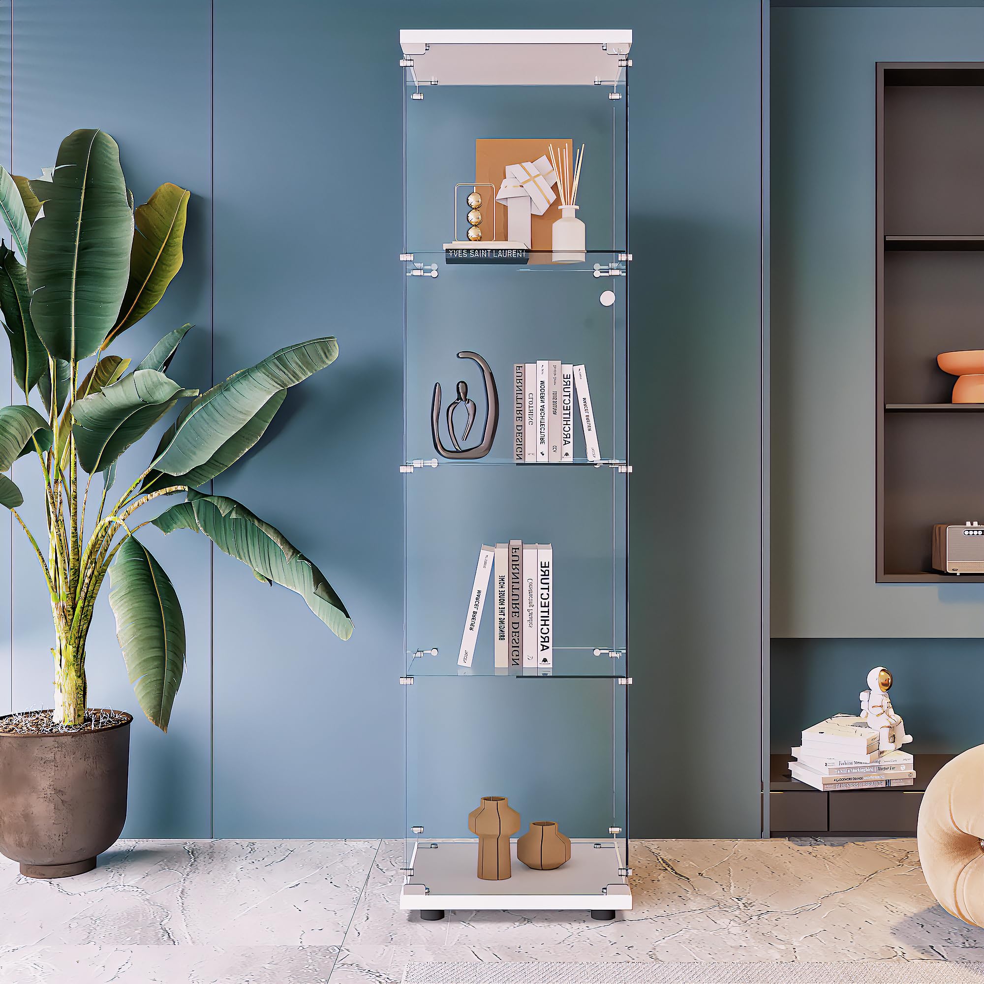 Beauty4U 4-Shelf Glass Display Cabinet - White Floor Standing Curio Cabinet for Living Room, Bedroom & Office - Quick Assembly Glass Bookshelf for Collectibles, Decor & Storage