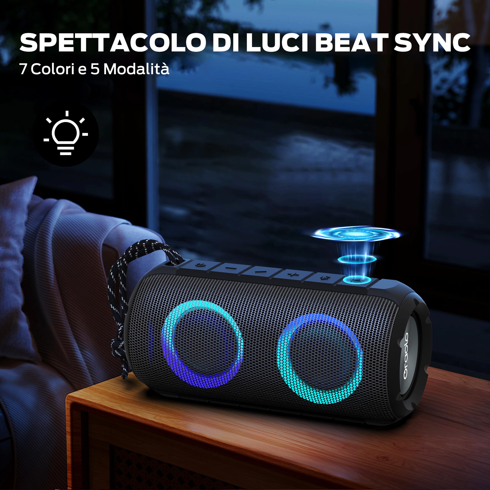 Oraolo 24W Bluetooth Speaker with RGB Lights, 24H Playtime, Bluetooth 5.3, IPX6 Waterproof - Portable Wireless Speaker with Loud Stereo Sound & AUX-in for Outdoor, Beach, Camping, Party, and Home Use