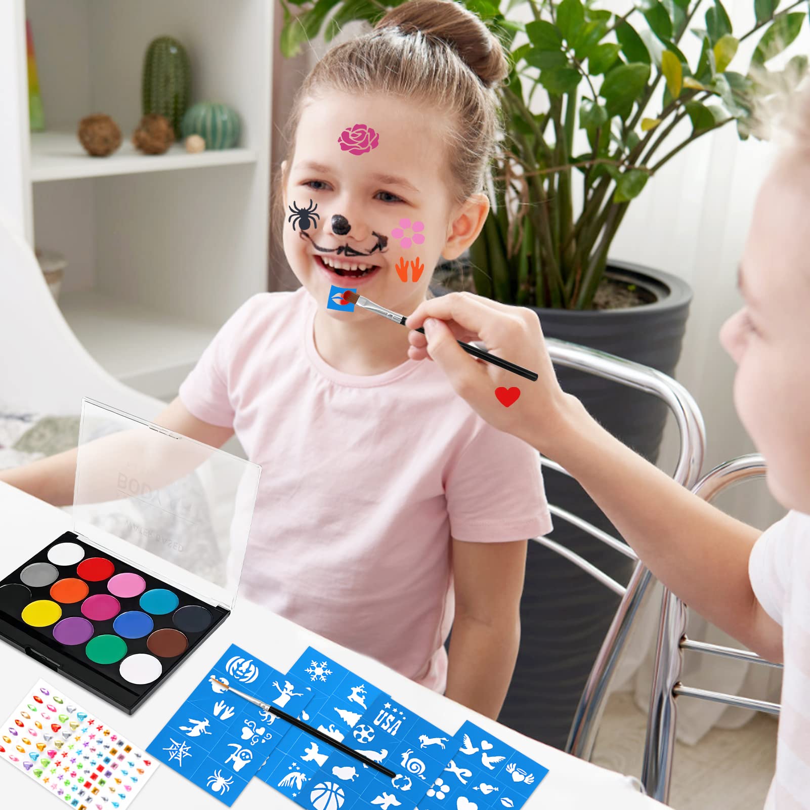 Kids Face & Body Paint Kit - 15 Colors with 4 Stencils & 2 Brushes for Halloween & Carnival Makeup
