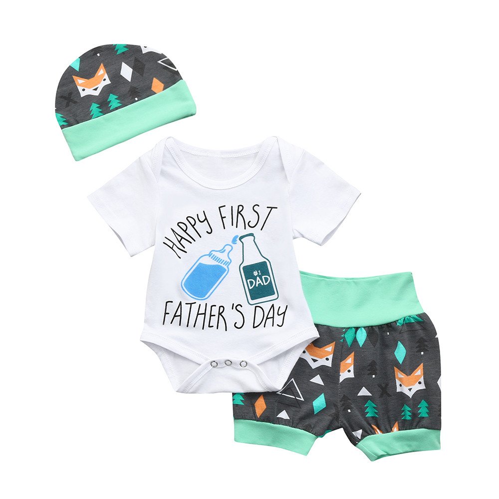 Kehen Newborn Baby Clothes Set - 3-Piece Summer Outfit for Infant Girls & Boys | Fox Print Romper, Shorts & Hat | Perfect for First Father's Day & Summer Playtime