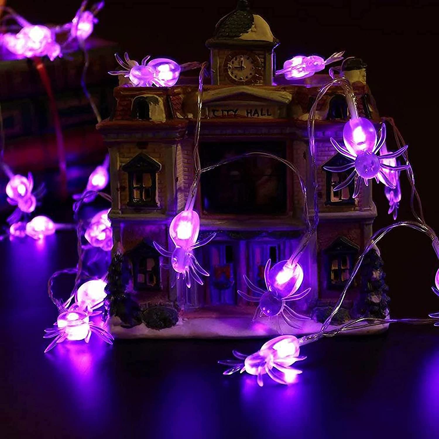 SNOMYRS 21ft LED Spider String Lights - 30 Battery Powered Halloween & Christmas Decorations with 8 Lighting Modes - Purple Outdoor Lights for Patio, Garden, Gate, Yard (Perfect for Halloween Parties, Christmas Festivals, and Outdoor Events)