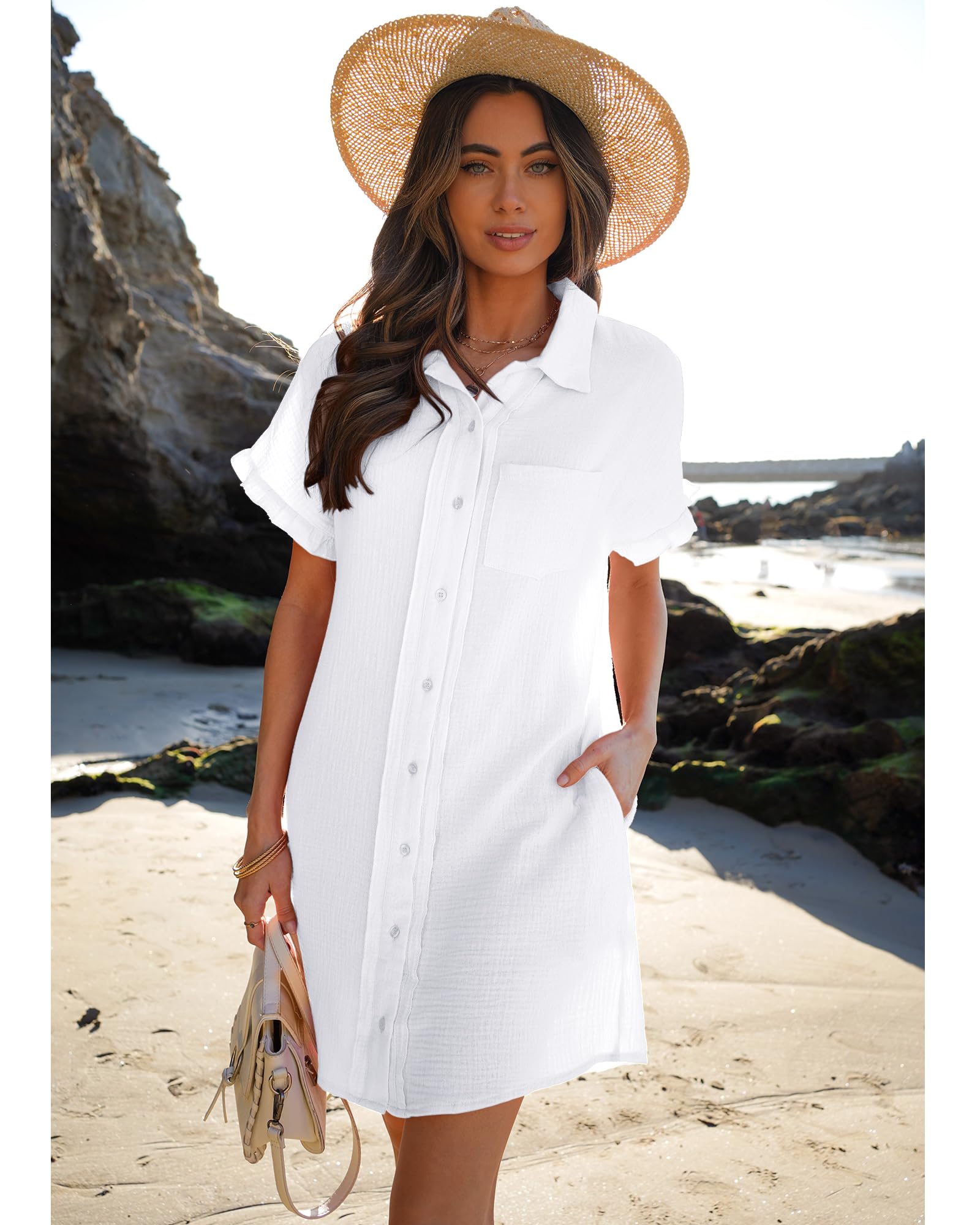 Luvamia Women's Cotton Beach Cover Up Dress - Casual Button Down Shirt Dress with Ruffle Sleeves & Pockets | Perfect for Summer Vacations, Pool Parties and Resort Wear