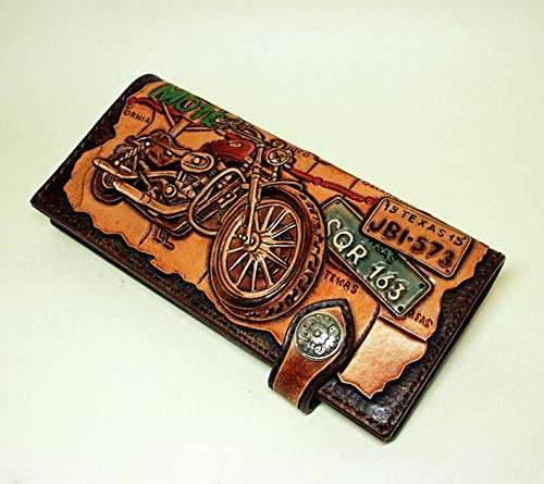 Handcrafted 3D Genuine Leather Wallet for Men - Long Biker Wallet with Hand-Carved & Hand-Painted Designs - Custom Personalized Route 66 & American Flag Leather Wallet - Perfect for Motorcycle Riders, Travelers & Gift Giving