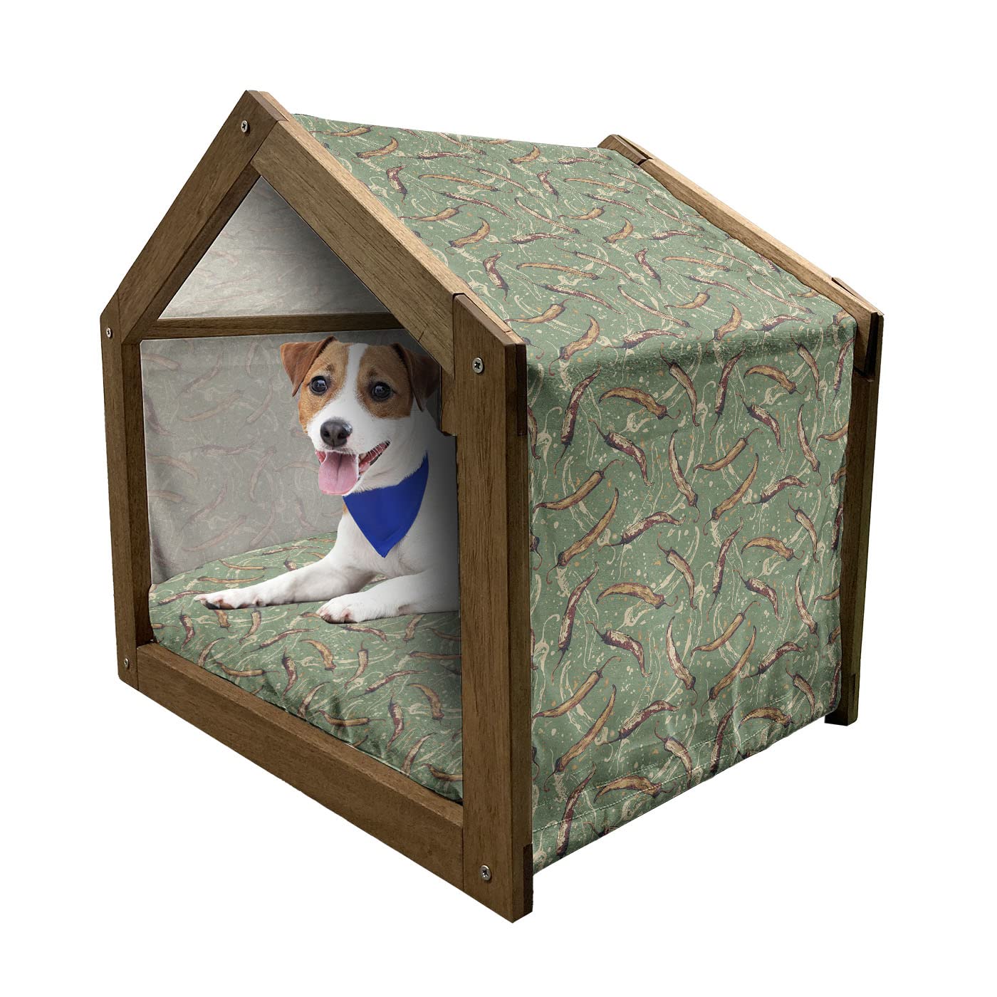 Ambesonne Wooden Pet House with Pillow & Cover - Chili Peppers Design on Grunge Background - Indoor & Outdoor Portable Dog Kennel - Medium Size Peacock Green Multicolor - Perfect for Home, Garden, and Travel Use