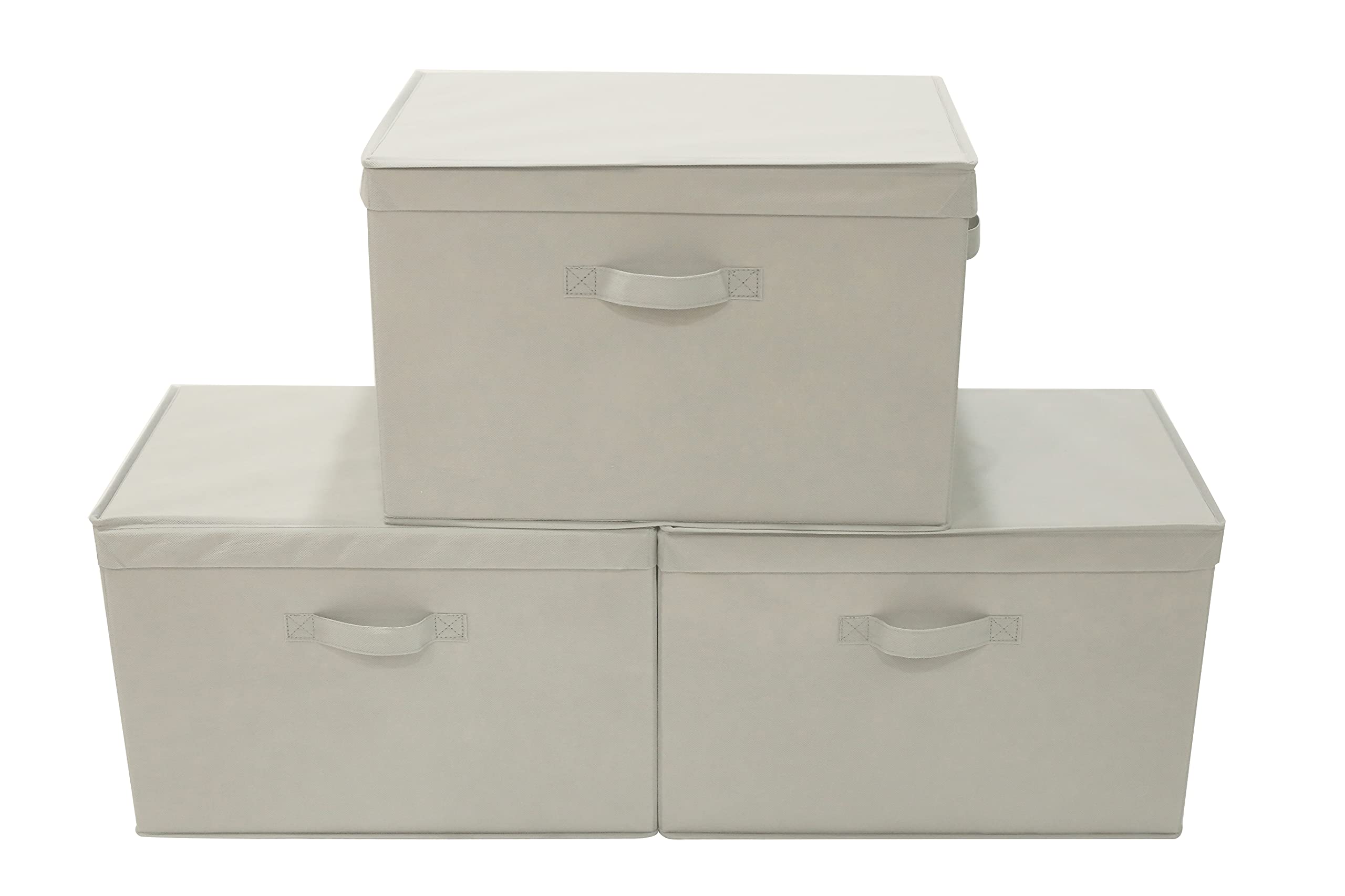 Sebadici 3-Pack Medium Beige Fabric Storage Bins with Lids & Handles - Stackable Collapsible Organizer Cubes for Shelves, Closet, Living Room, Office - Perfect for Home Organization & Space Saving