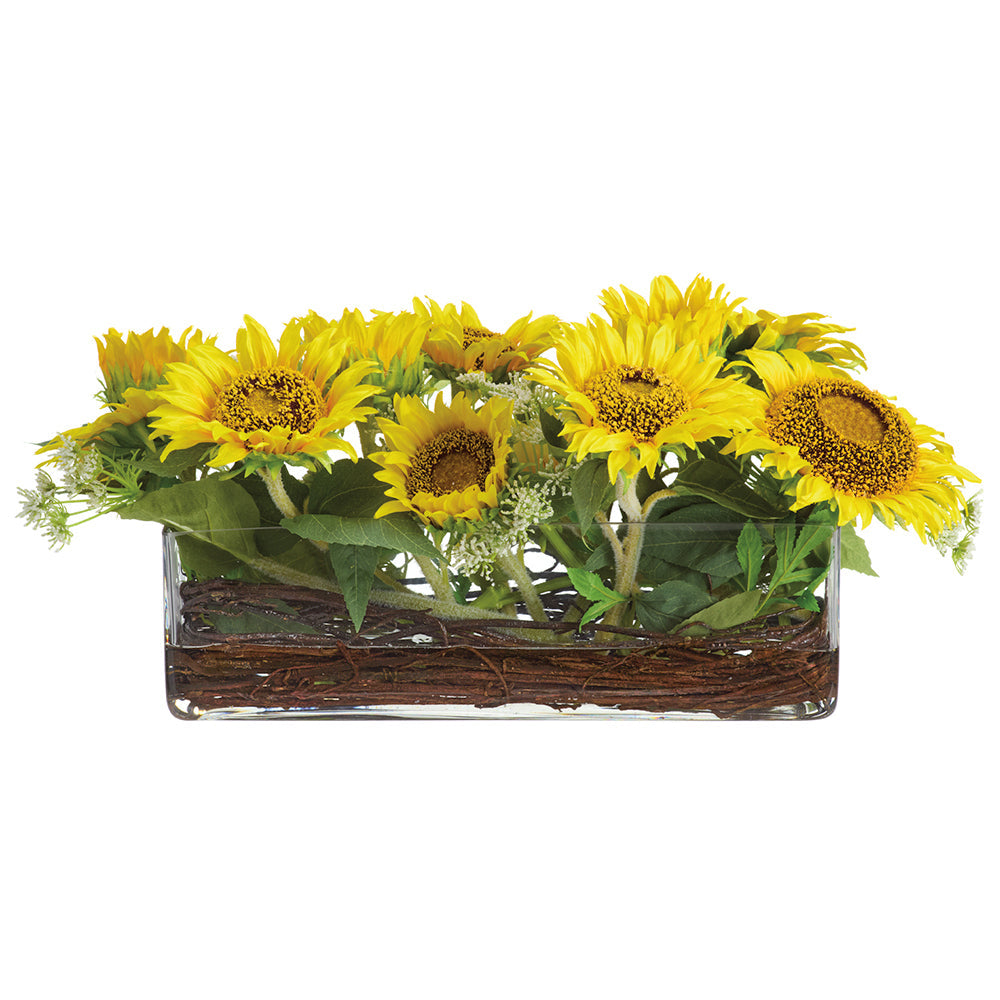 10Hx24W Sunflower & Queen Anne's Lace Silk Flower Arrangement with Glass Vase - Yellow | Elegant Home Decor for Living Room, Wedding Centerpiece, Office Desk Decor