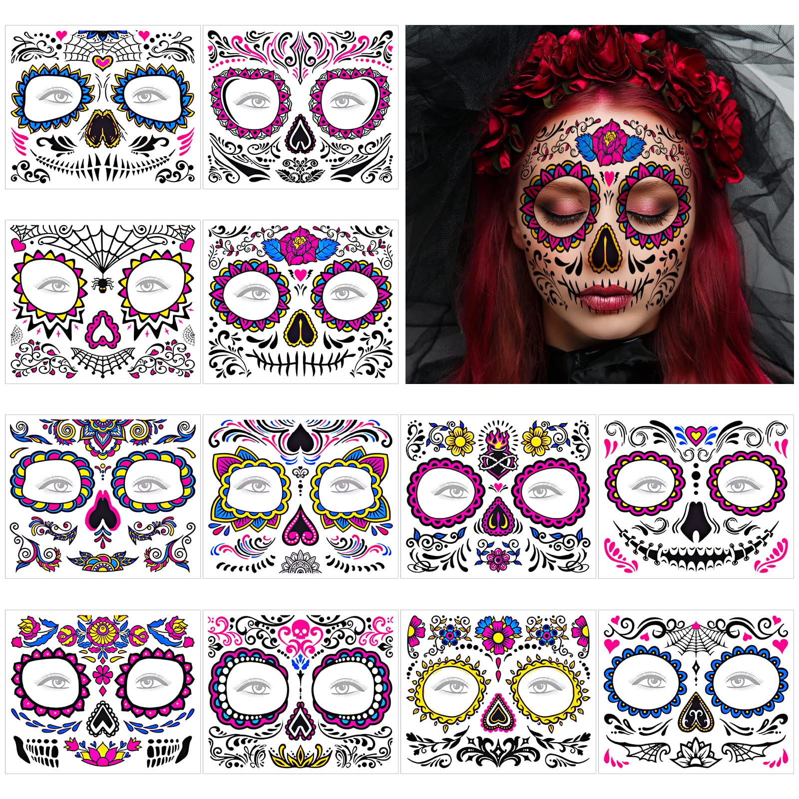 URAQT Halloween Temporary Tattoos for Adults - 12 Sheets Waterproof Zombie, Skull Face, Day of the Dead Makeup Stickers | Perfect for Halloween Parties, Costume Contests & Themed Events