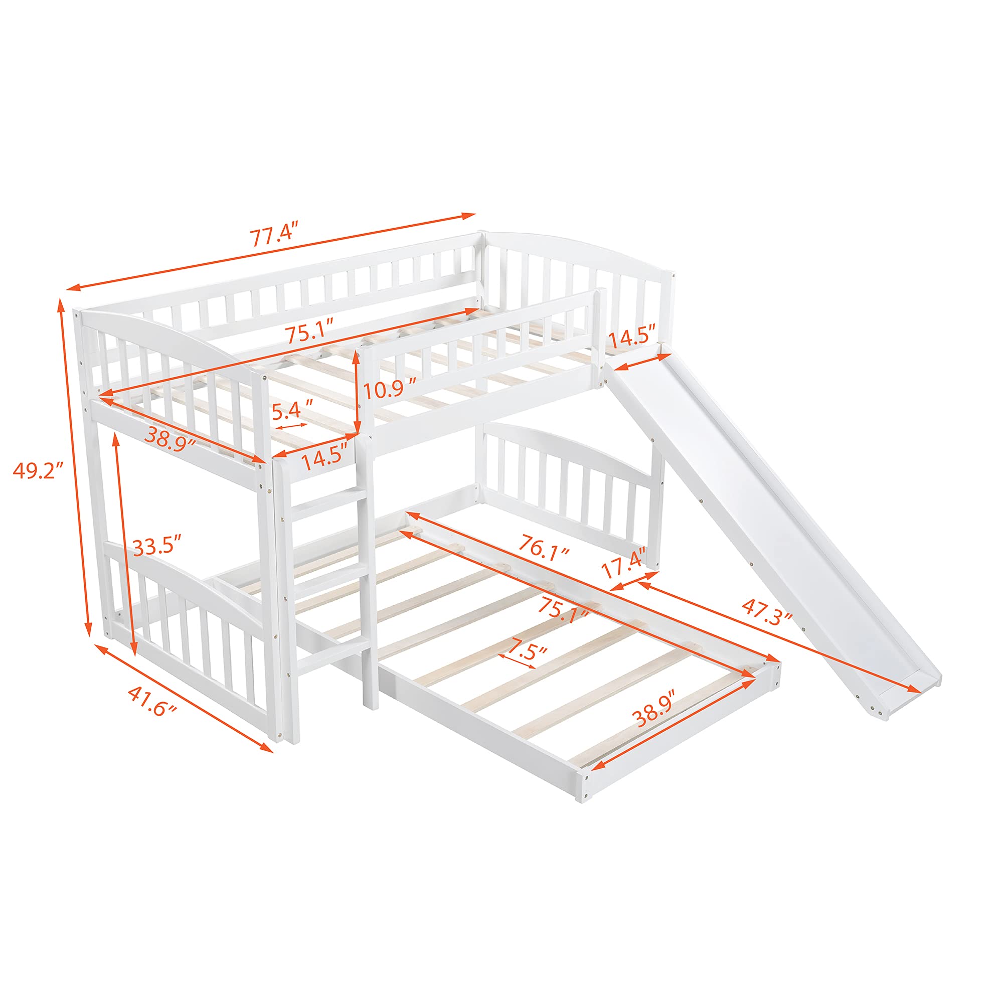 Knocbel Twin Size Low Loft Bed with Floor Platform - White Wooden Bunk Bed with Guardrails, Reversible Slide & Ladder (77.4