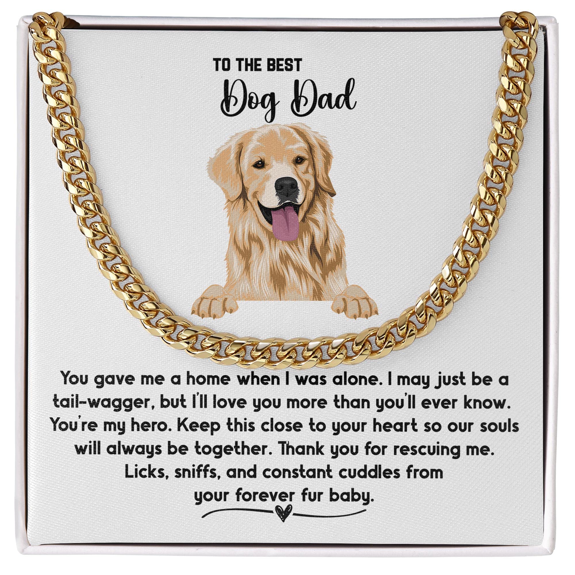 Golden Retriever Dog Dad Cuban Chain Necklace - Personalized Message Box Jewelry Gift for Pet Owners - Perfect Thank You & Appreciation Present for Fur Dads & Paw Dads - Great for Birthdays, Anniversaries & Father's Day