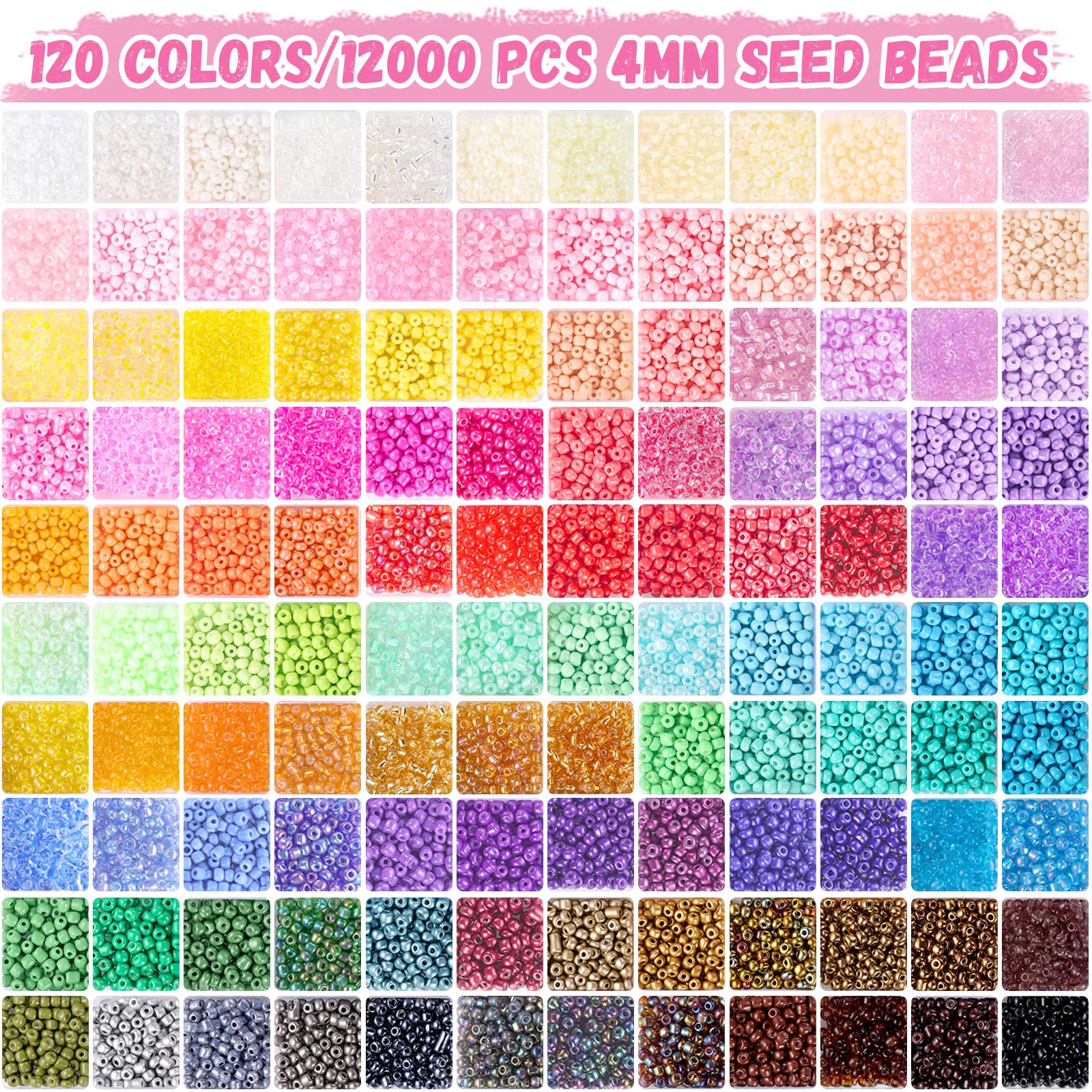 Funtopia 13000+ 4mm Glass Seed Beads for Jewelry Making - 120 Color Bead Kit with Alphabet Letters & Smiley Faces - DIY Bracelet, Friendship Bracelet, Necklace Making Supplies - Perfect for Crafts, Gifts & Kids Art Projects