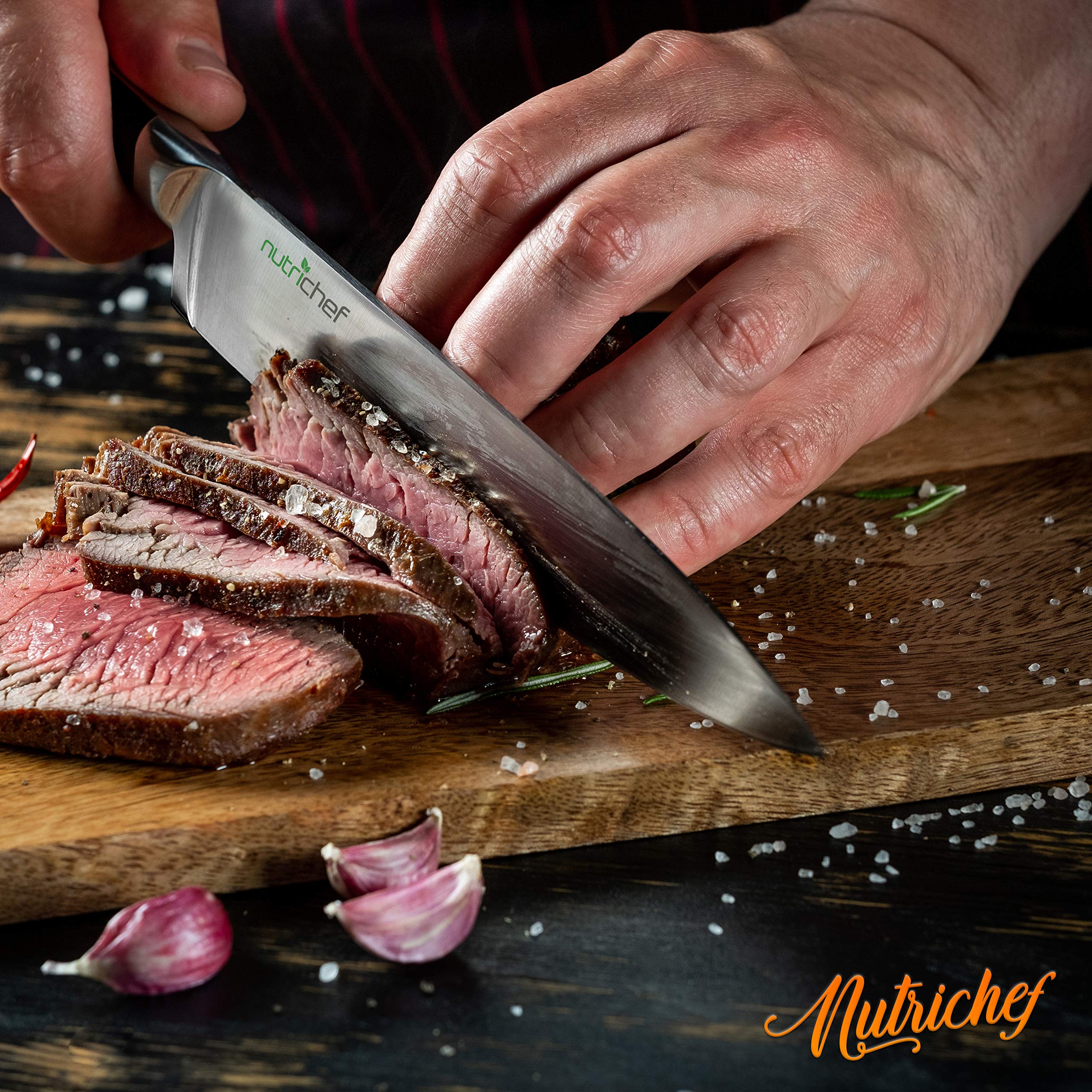 NutriChef 13-Piece Kitchen Knife Set with Wooden Block - Premium Stainless Steel Knives with Scissors & Built-In Sharpener - Ultra Sharp, Lightweight & Durable - Dishwasher Safe for Easy Cleaning - Perfect for Home Chefs, Cooking Enthusiasts & Professional Kitchens (NCKNS13)