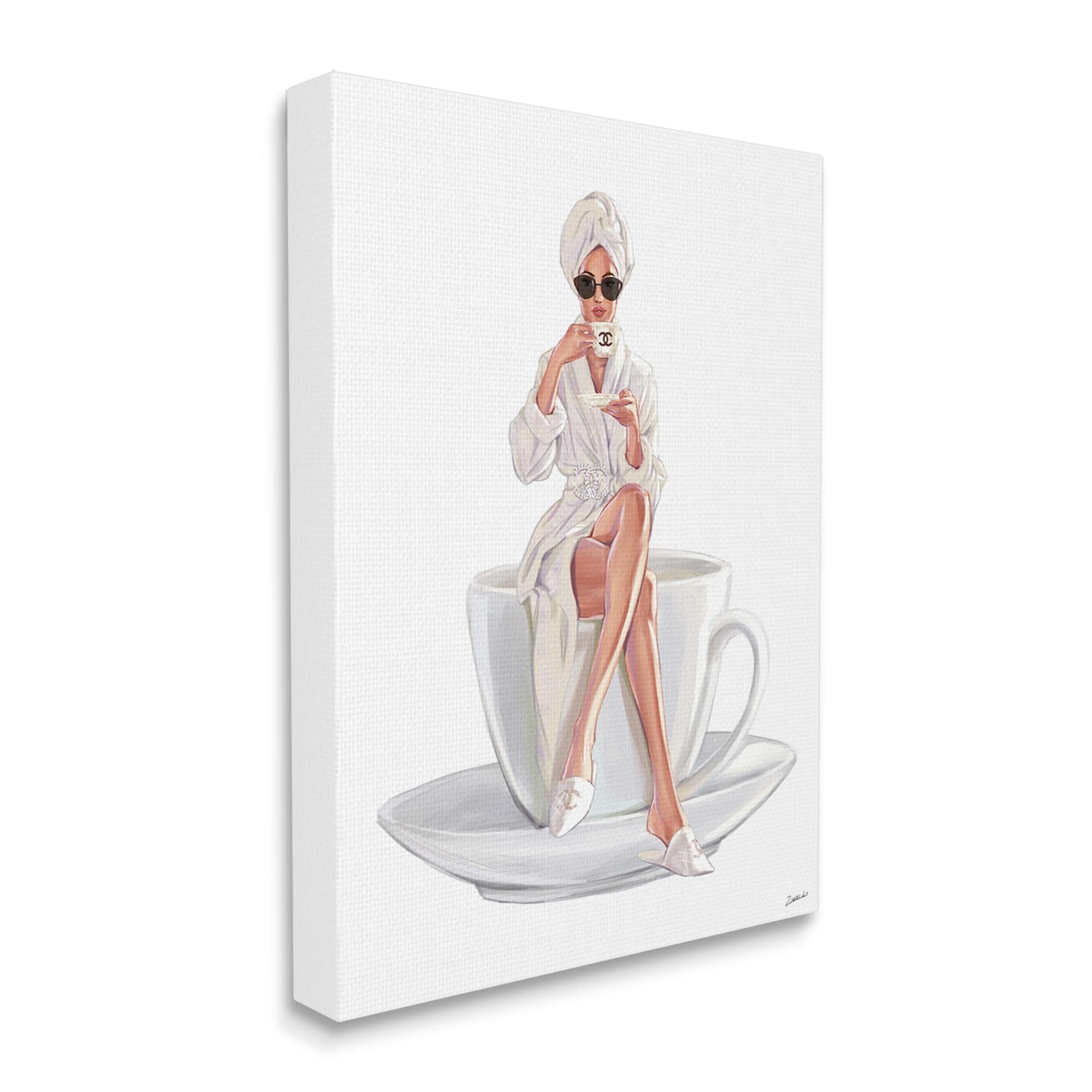 Stylish Women's Robe with Coffee Cup & Designer Sunglasses Logo - White by Ziwei Li | Perfect for Relaxing at Home, Coffee Breaks & Fashionable Loungewear