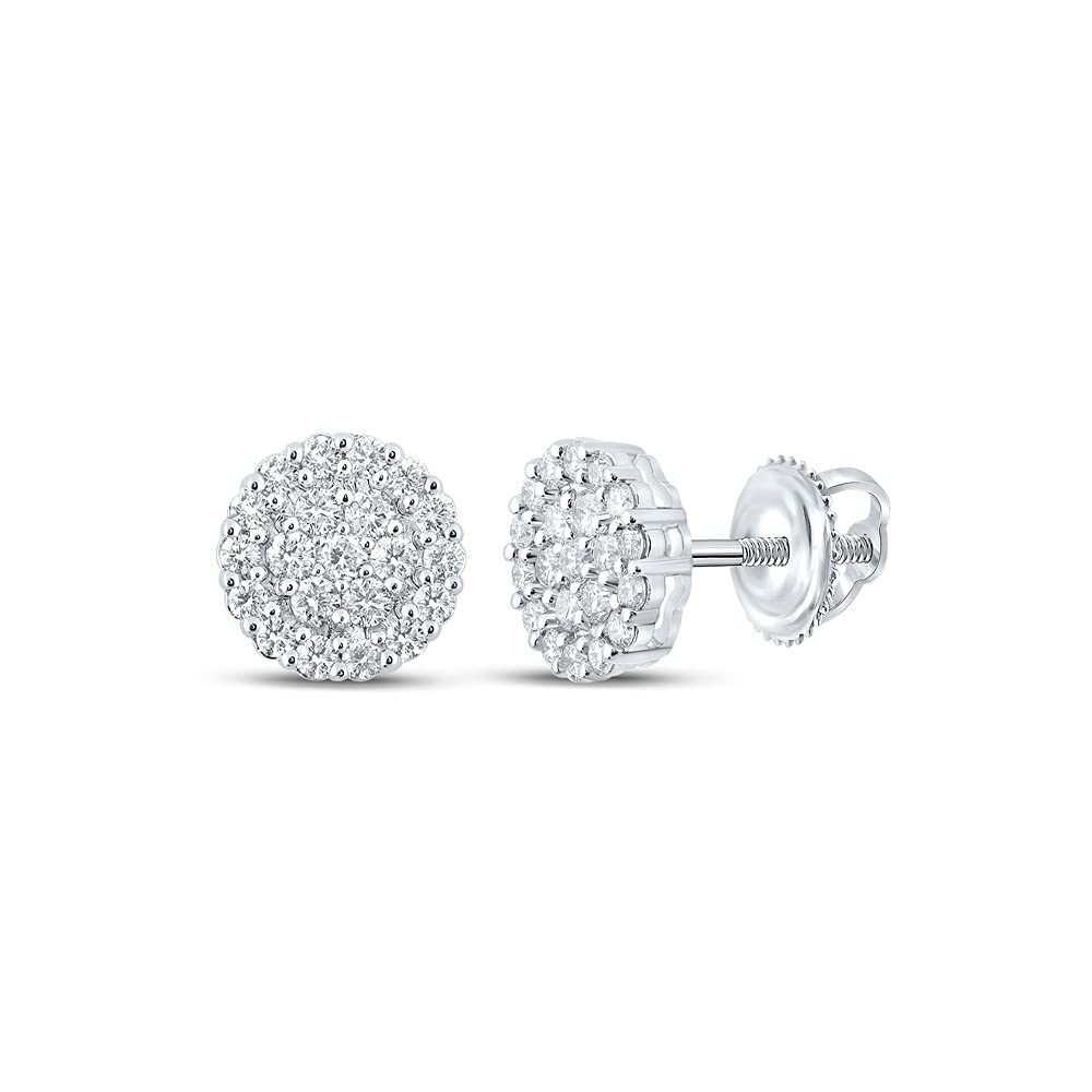 10K White Gold Men's Round Diamond Cluster Earrings - 1.625 CTTW (Total Carat Weight) - Luxury Stud Earrings for Gifts, Weddings & Special Occasions