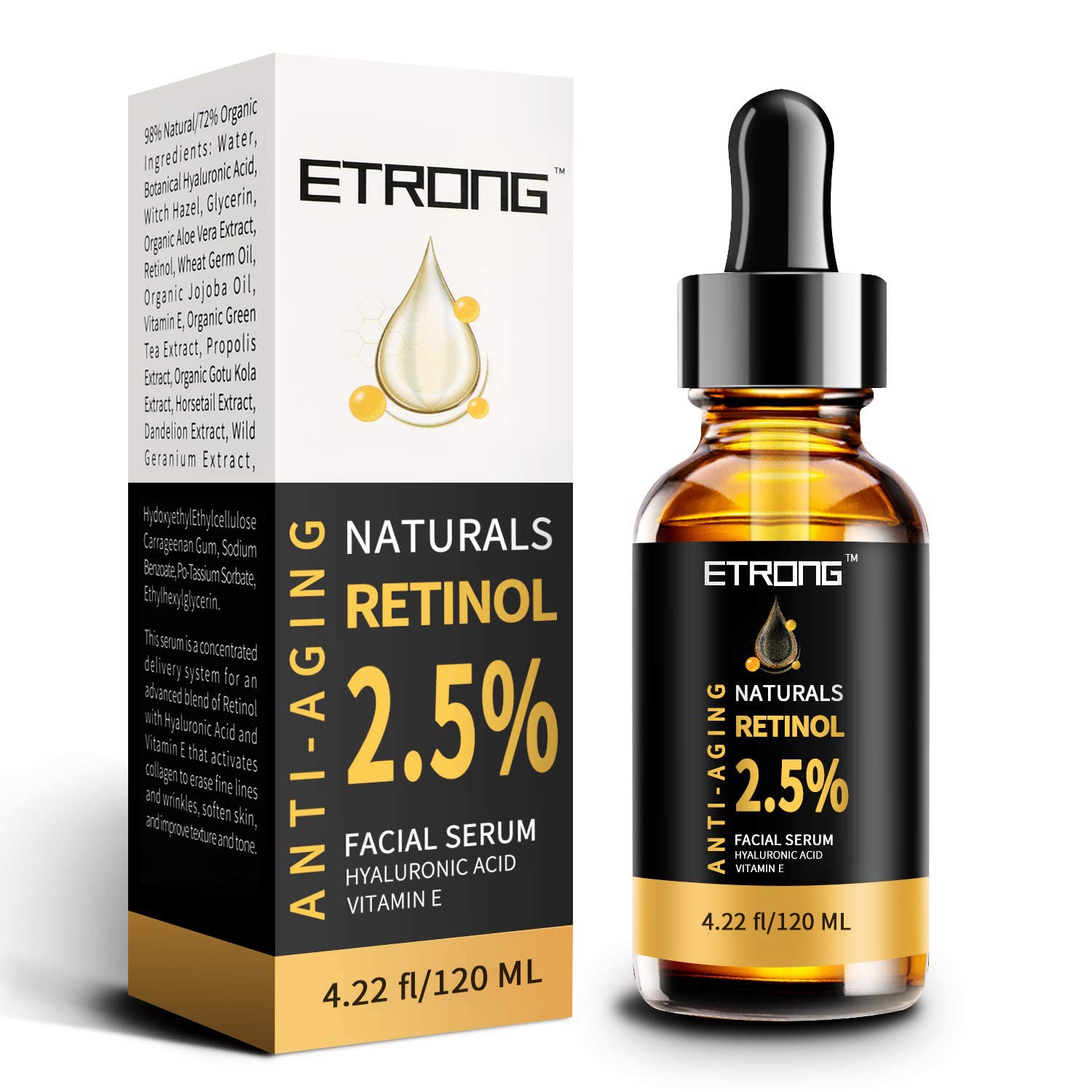 ETRONG 2.5% Retinol Serum for Face - Anti-Aging Treatment with Hyaluronic Acid & Vitamin E - Fights Wrinkles, Acne & Dark Spots (120ml) - Perfect for Nighttime Skincare Routine & Sensitive Skin Care