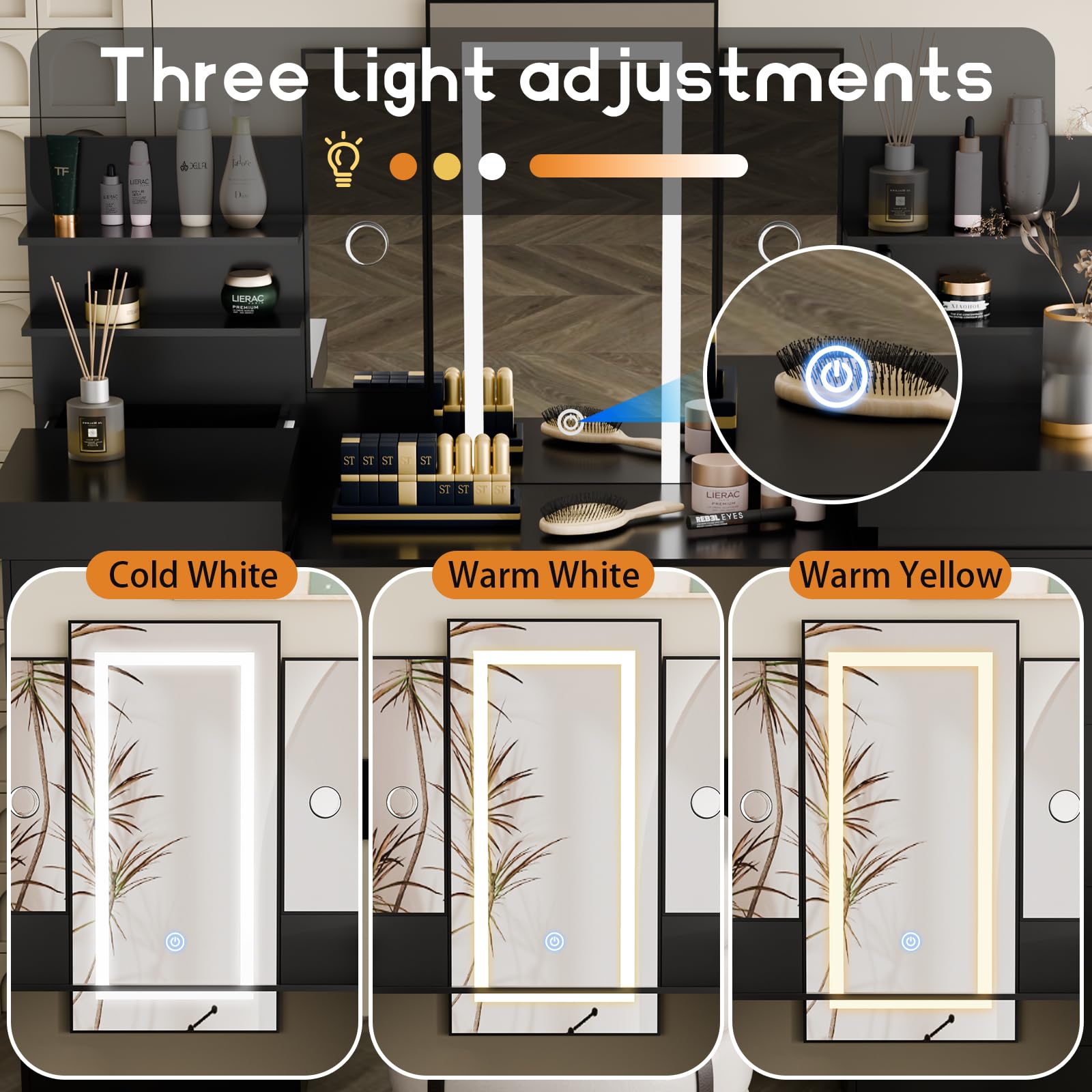 Vanity Desk with LED Lighted Mirror - 8 Drawers & 6 Shelves Makeup Vanity Set with 3 Adjustable Lighting Modes & Atmosphere Light - Perfect for Women's Bedroom, Dressing Room, or Beauty Salon Makeup Station