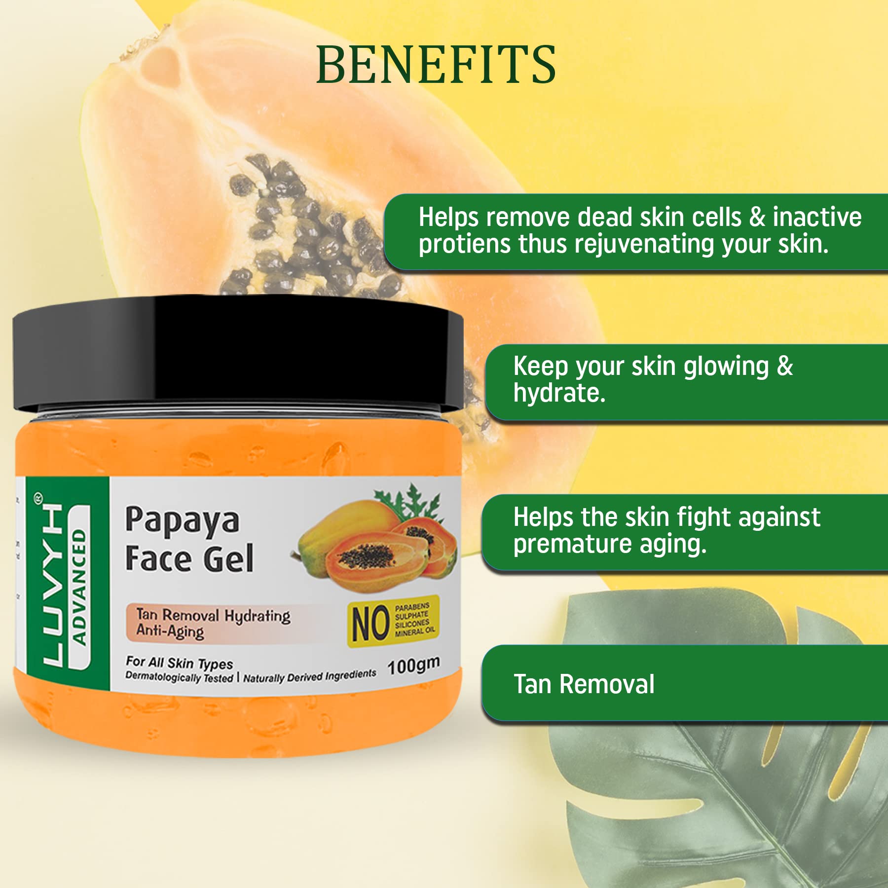 Luvyh Papaya Face Massage Gel (100g) - Natural Spot Removal & Skin Brightening with Papaya Extract | Reduces Wrinkles & Acne | Suitable for All Skin Types | Perfect for Daily Skincare Routine & Spa Treatments