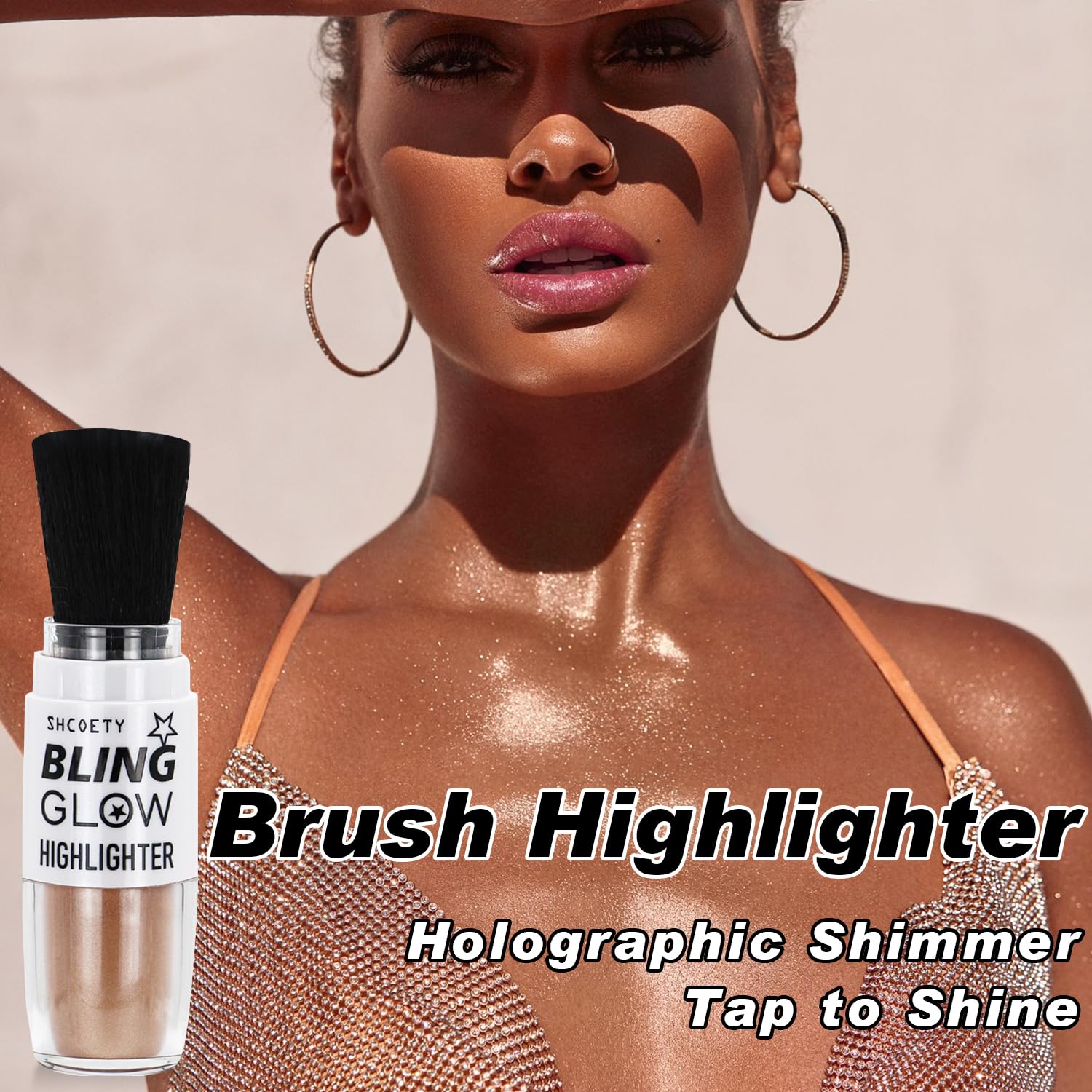 Glitter Powder Highlighter Makeup - Shimmer Body Glitter Brush for Face, Lips & Body | 3D Brightening Blusher & Natural Glow Enhancer | Perfect for Parties, Festivals & Night Out (Champagne #03)