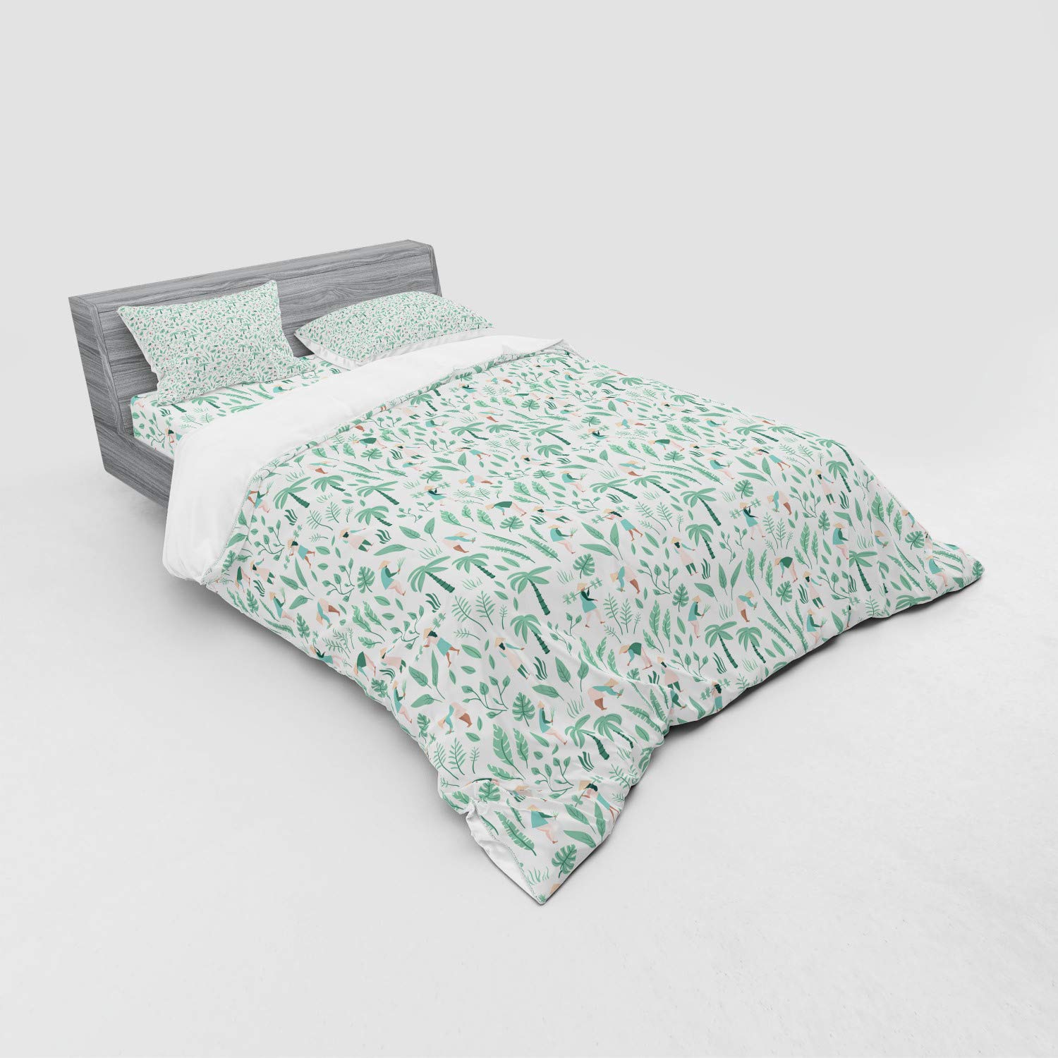 Ambesonne Tropical Rainforest Duvet Cover Set - Vietnamese People & Exotic Jungle Foliage Print, 4-Piece Queen Size Bedding Set with Shams & Fitted Sheet in Seafoam Rose Ivory | Perfect for Boho Bedroom Decor, Jungle Theme Rooms & Adventure Travel Lovers