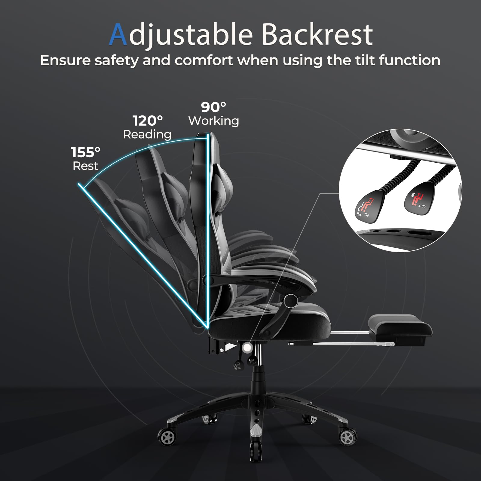 **Powerstone Ergonomic Gaming Chair with Adjustable Lumbar Support & Footrest - PU Leather Racing Style Computer Chair for Office & Home Gaming - Gray**    *(Perfect for Esports, Streaming, Work from Home & Long Gaming Sessions)*