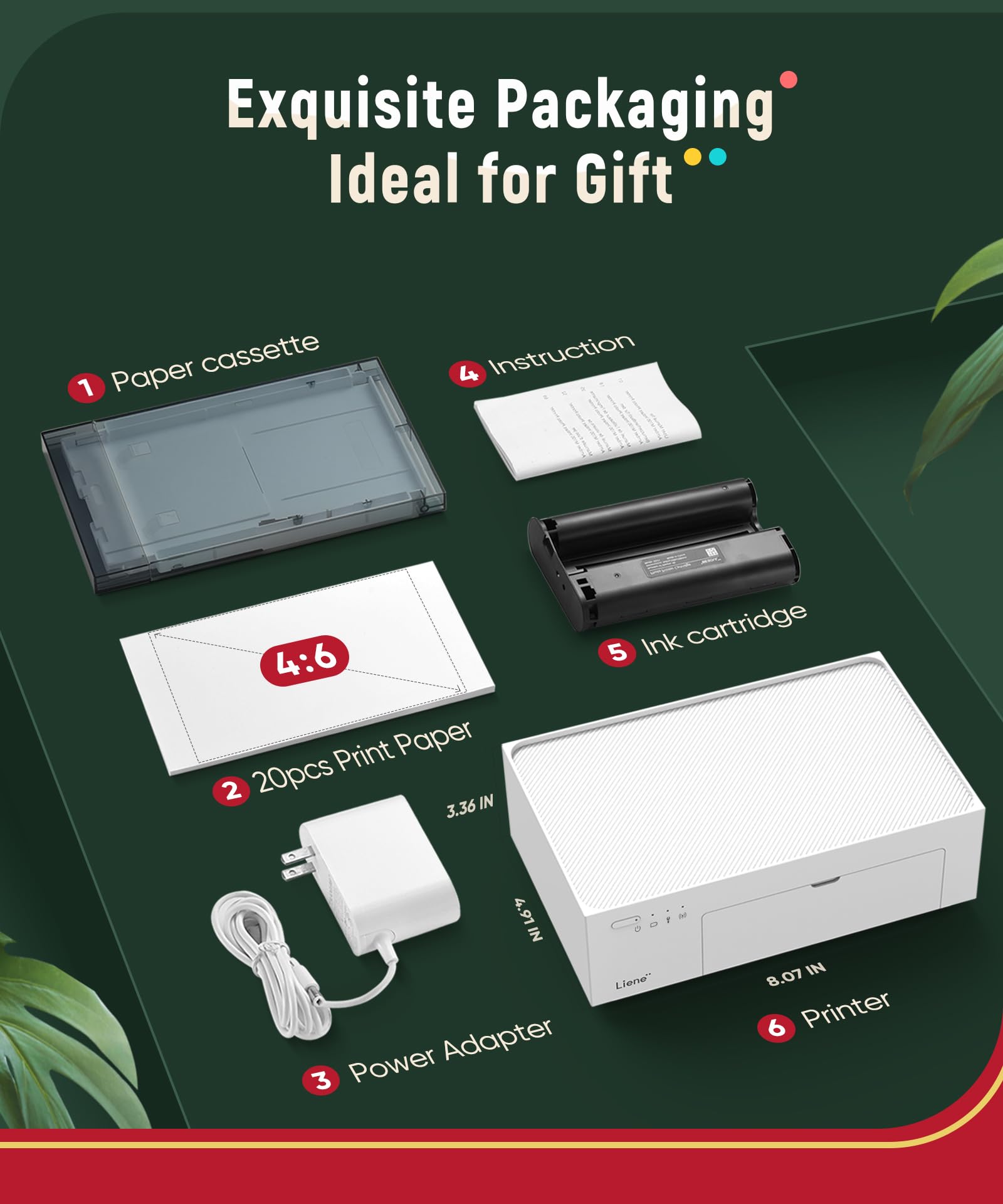 Liene 4x6'' Wireless Photo Printer with Battery & 100 Sheets + 3 Ink Cartridges - Dye Sublimation Printer for iPhone, Android, Smartphones & Computers - Perfect for Travel Photography & Home Printing