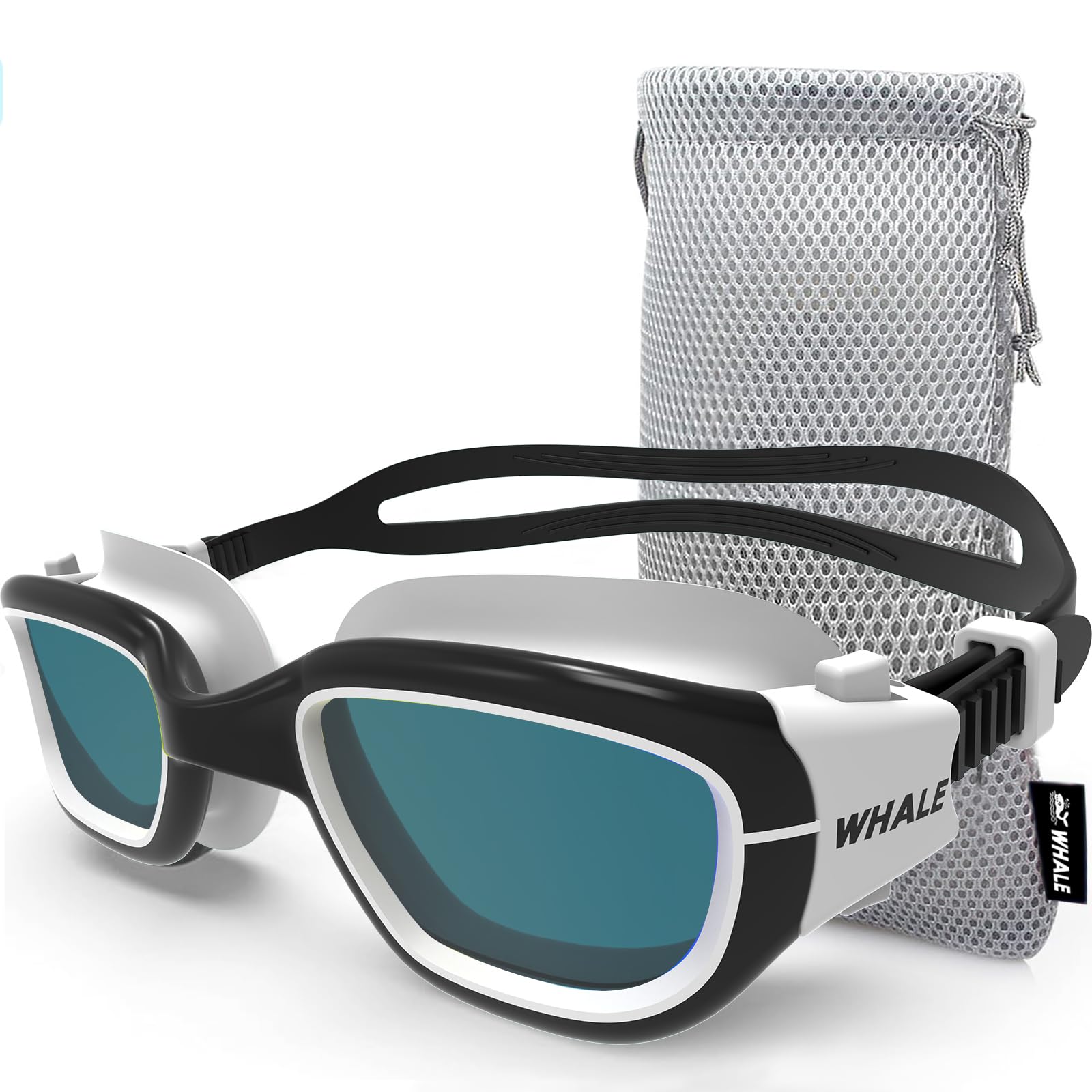 Whale Swim Goggles A2 GE - Polarized Anti-Fog Anti-UV Swimming Goggles for Adults & Youth - Black & White Frame with Plane Mirror - Perfect for Pool, Beach & Open Water Swimming