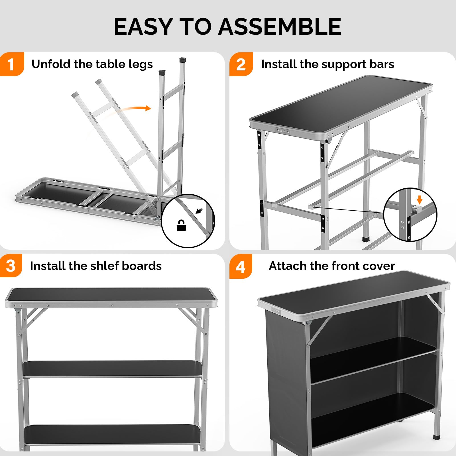 VINGLI 39 Inch Portable Bar Table with 3-Tier Shelves - Mobile Rolling Bar Cart for Parties, Events, Camping, Picnics, Trade Shows & Indoor Use - Includes Black Skirt (1 Pack, 39