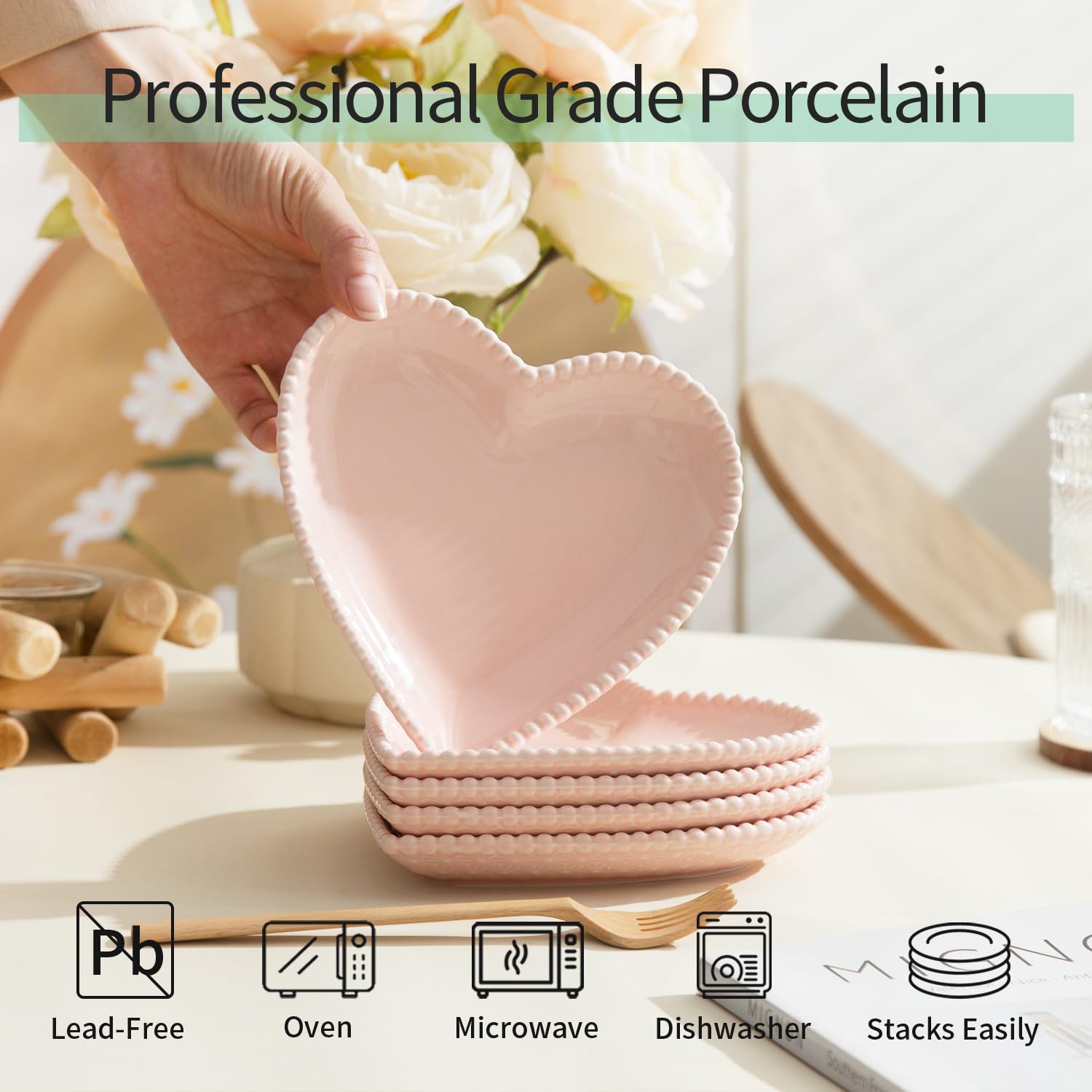 OMAYKEY 10-Pack 6.3 Inch Heart-Shaped Ceramic Plates - Microwave, Oven & Dishwasher Safe Dessert, Salad & Appetizer Plates for Cake, Snack, Ice Cream - Elegant Pink Porcelain Dinnerware Set for Parties, Romantic Dinners & Home Decor