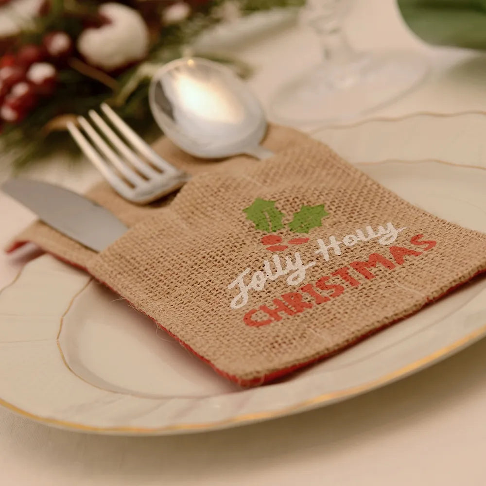 Eco-Friendly Christmas Jute Cutlery Holder Set of 4 - Knife Fork Spoon Organizer for Holiday Dining & Kitchen Storage
