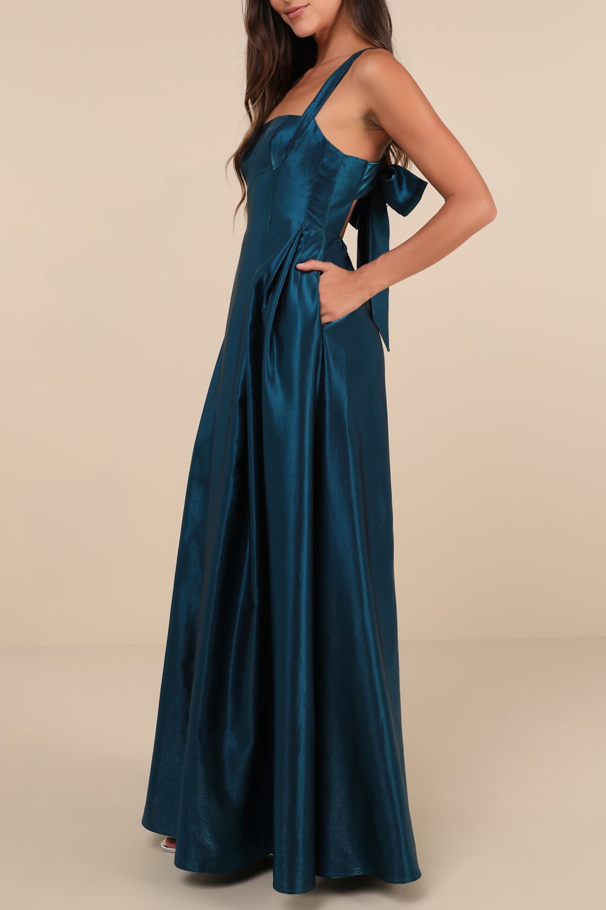 Shiny Dark Teal Taffeta Maxi Dress with Pockets - Elegant Formal Gown for Evening Parties, Weddings & Special Occasions