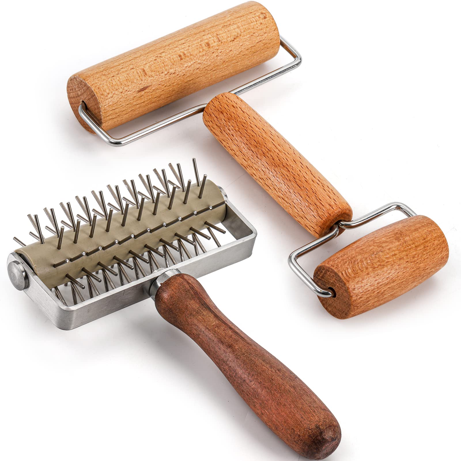 Hiceeden Set of 2 Stainless Steel Pizza Dough Roller & Dough Docker - Wooden Rolling Pin for Perfect Pizza, Cookies, Pies, Pastries & Bread Crust | Ideal for Home Baking, Restaurant & Commercial Kitchen Use
