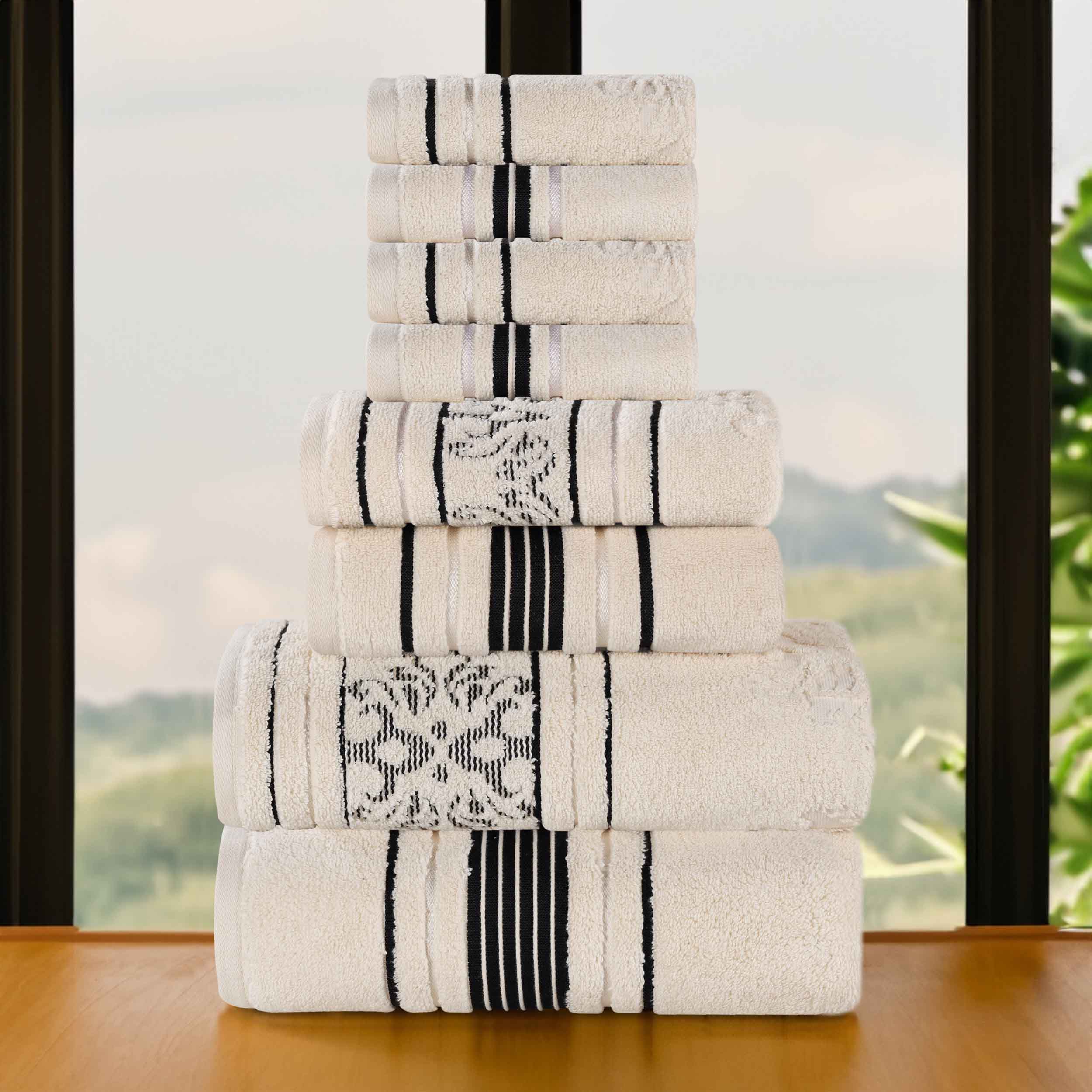 Premium 8-Piece Sadie Zero Twist Cotton Towel Set - Solid & Jacquard Floral Design | Ultra Absorbent Bath & Hand Towels for Luxury Bathroom, Spa & Guest Room Decor