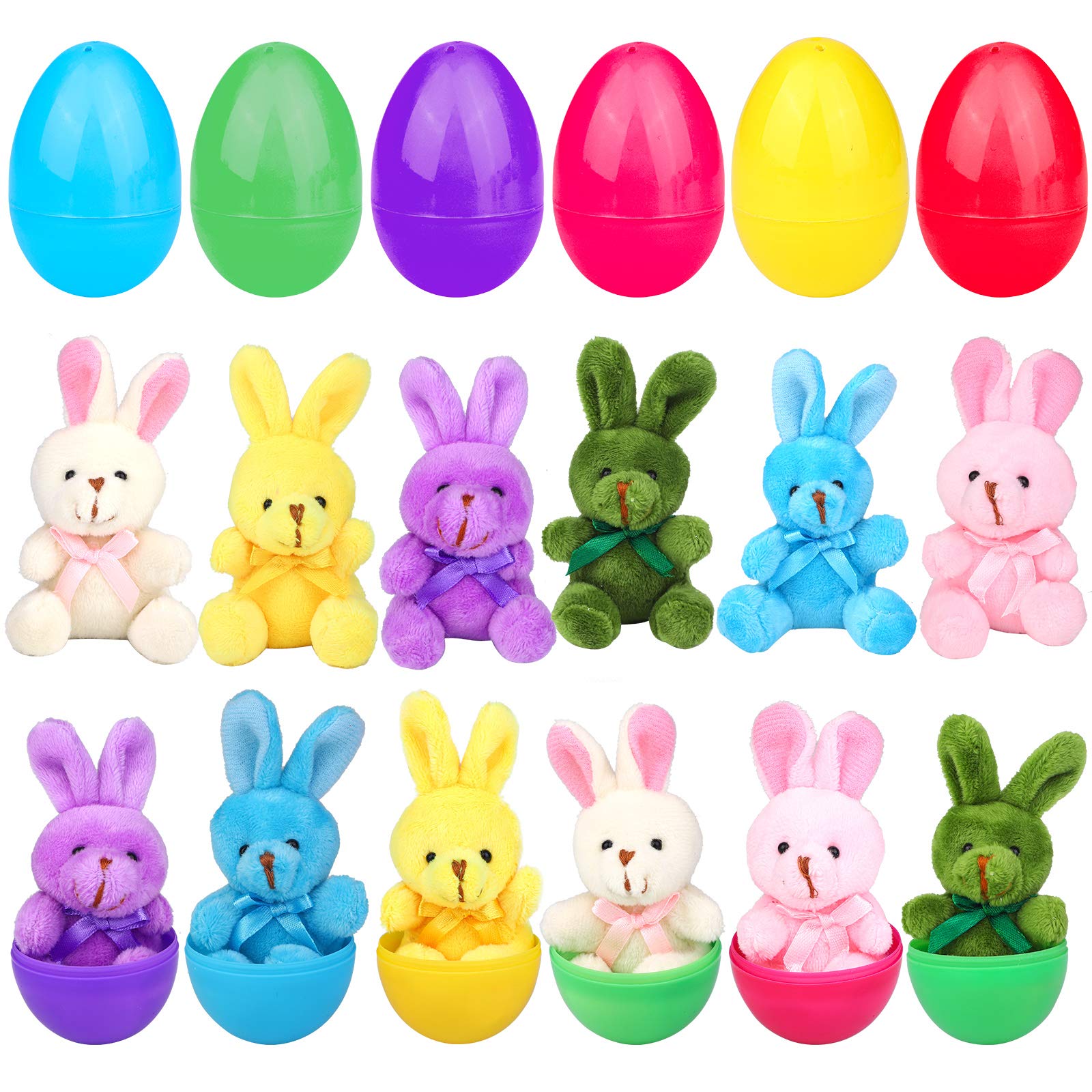 12 Pack Filled Easter Eggs with Plush Bunnies - Multi-Color Bunny Toys & Fillable Plastic Eggs for Easter Basket Stuffers, Party Favors, Egg Hunts & Spring Celebrations