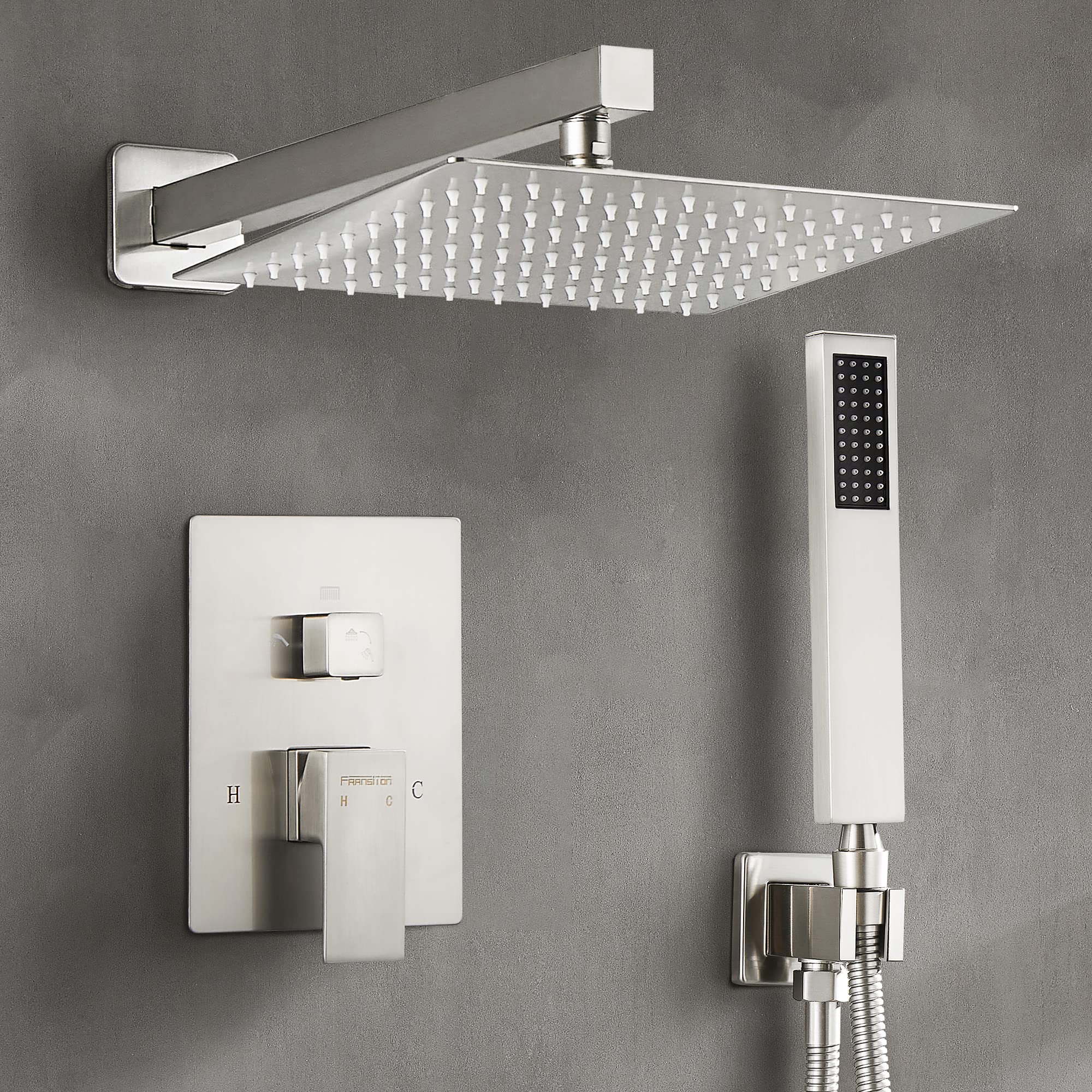 Fransiton 10 Inch Brushed Nickel Wall Mount Rain Shower System Set with Handheld Shower Head - Complete Bathroom Shower Kit (Includes Valve) for Luxurious Spa-Like Experience at Home