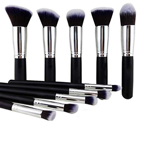 Premium Synthetic Kabuki Makeup Brush Set - 10pcs Foundation, Blush & Eyeshadow Brushes (Black/Silver) | Soft, Durable & Cruelty-Free for Flawless Makeup Application | Perfect for Professional Artists & Everyday Beauty Routines