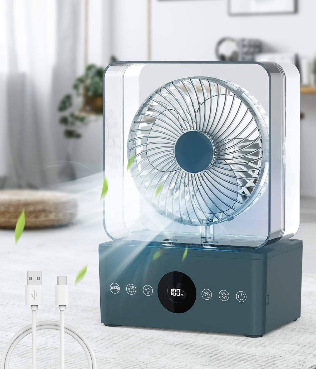 Portable Air Conditioner 4-in-1, Mini USB Personal Air Cooler with Water Spray, Type-C Portable Evaporative Cooler with Timer/3 Wind Speeds/2 Mists/4 LED Colors - for Bedroom, Car, Office & Home Use (Green)